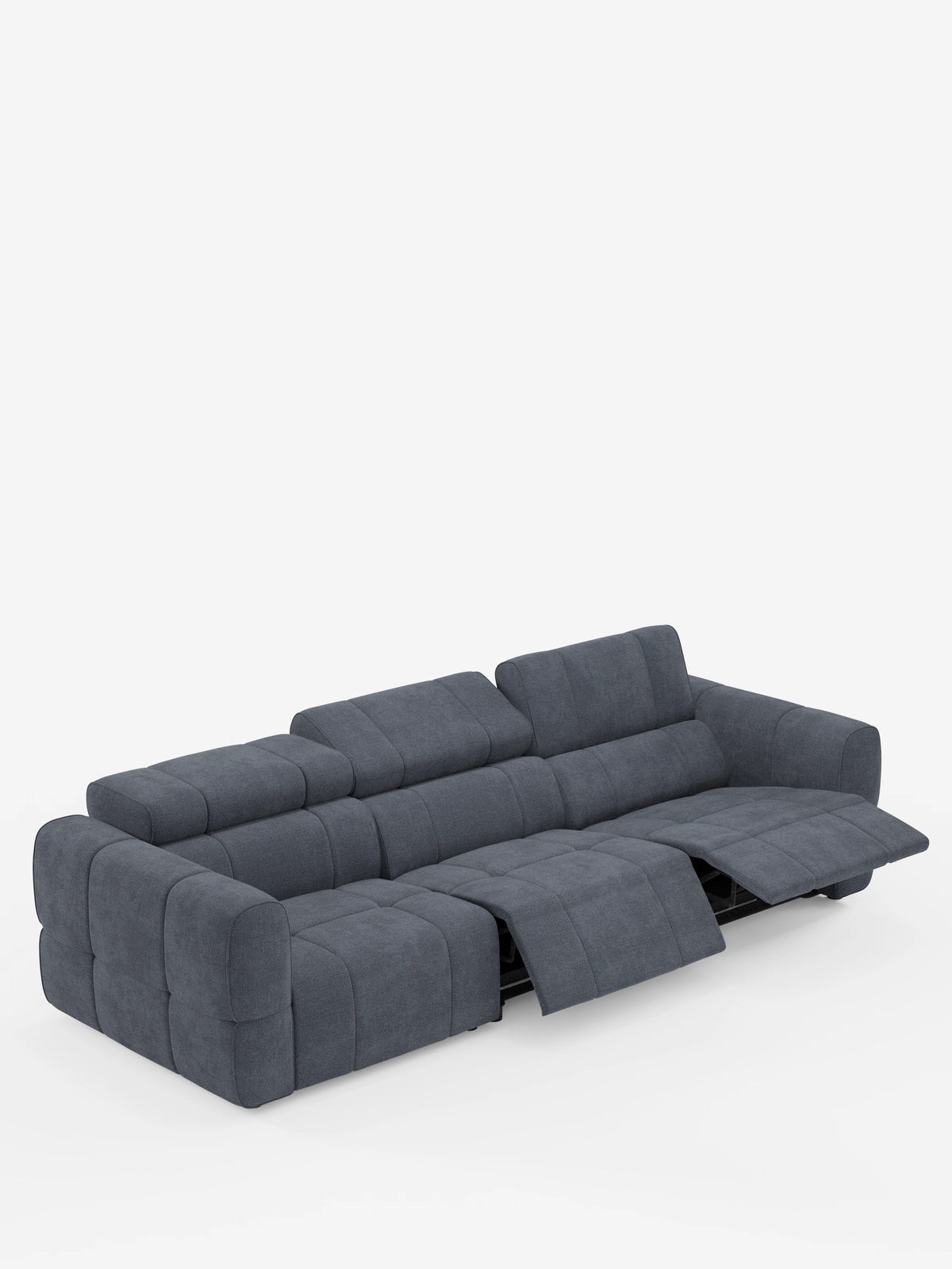 Vista dall'alto di un divano modulare Giotto a 4 posti con poggiatesta reclinabili e funzione relax elettrica opzionale, rivestito in tessuto smacchiabile T23 grigio scuro testurizzato, con poggiatesta regolabili e due poggiapiedi estensibili su sfondo bianco.
