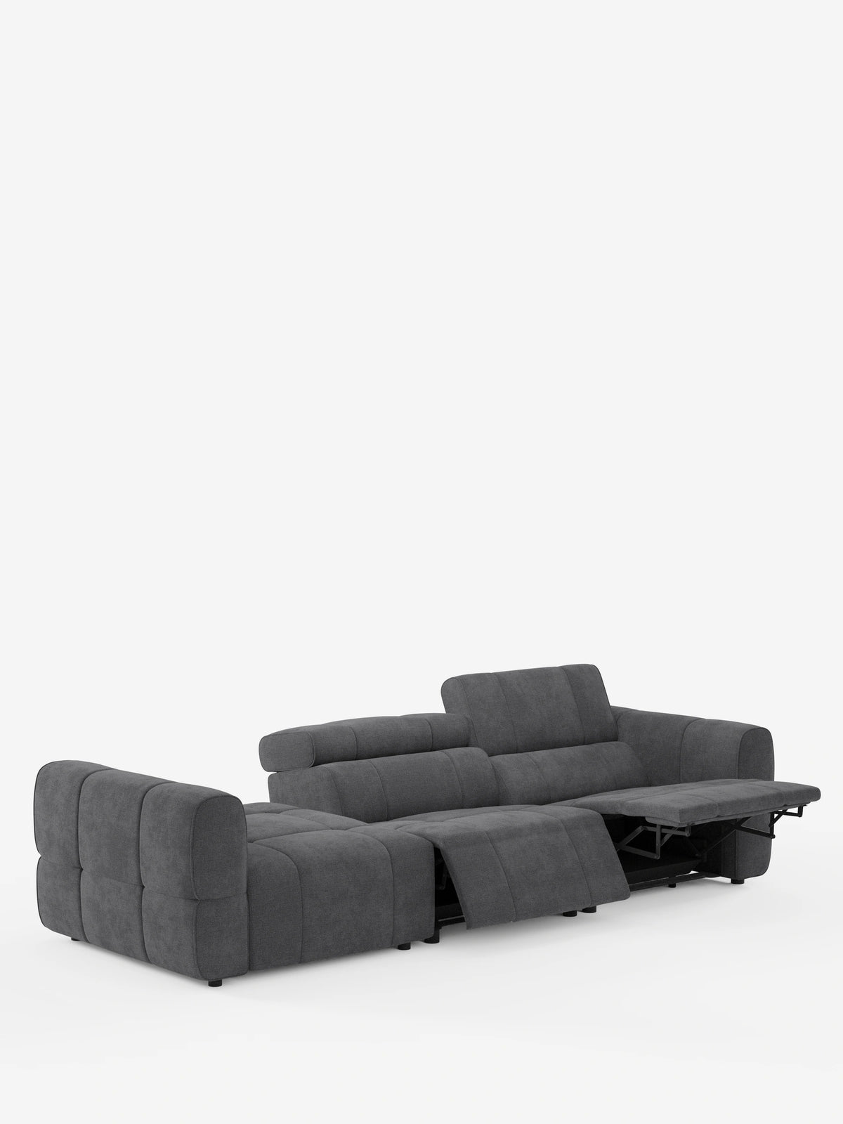 Un divano componibile Giotto in tessuto grigio con terminale aperto – opzione relax elettrico in tessuto smacchiabile T23 – è raffigurato su uno sfondo bianco, caratterizzato da una chaise longue laterale e da diverse sezioni con poggiapiedi integrati in posizione reclinata.