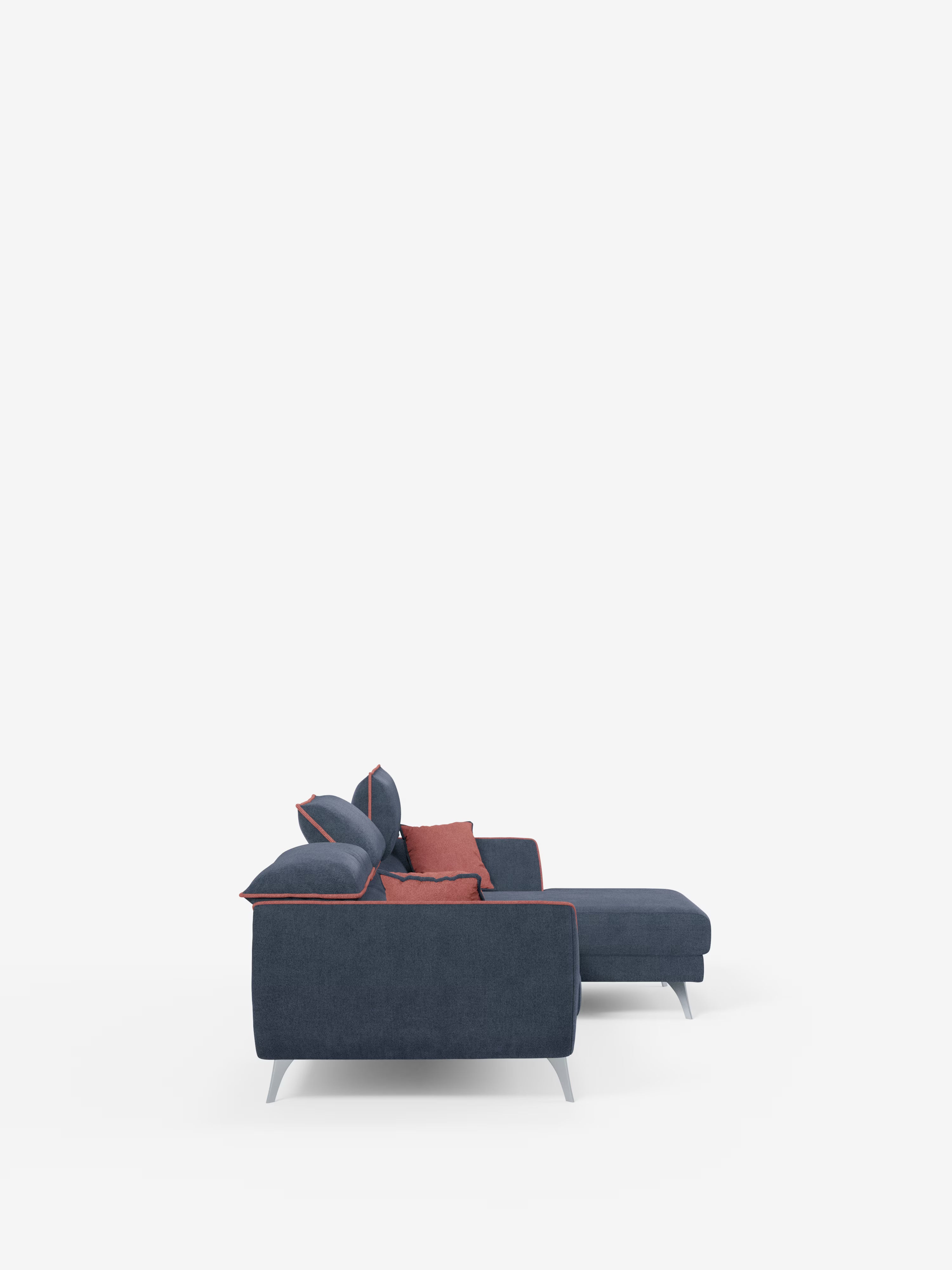 Il divano angolare contemporaneo Michelangelo bicolore con penisola e sedute estensibili di Divani.Store, rivestito in tessuto T23 facile da pulire, si presenta in una tonalità di blu scuro con sottili gambe in metallo, caratteristici bordini rosa e cuscini coordinati nei toni del rosa e del blu. Questo elegante divano componibile è dotato di un poggiatesta reclinabile e di una penisola con chaise longue integrata, che insieme formano un’accogliente forma a L per un maggiore comfort e relax.