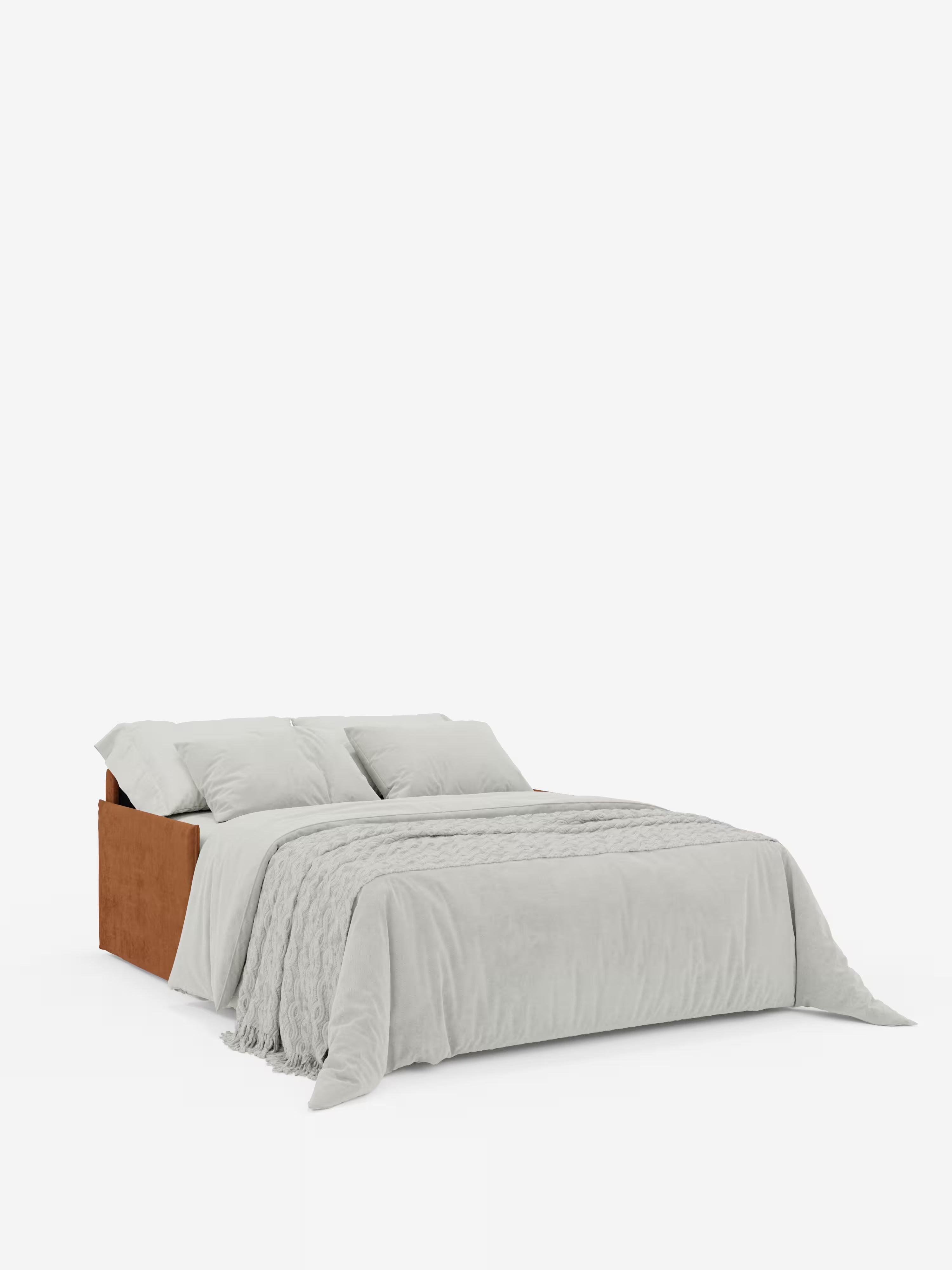 Il divano letto Miryam con poggiatesta reclinabili e comfort maxi di Divani.Il modello, caratterizzato da un design compatto in morbido tessuto smacchiabile T31 color marrone, è presentato con una base imbottita su cui spiccano biancheria da letto grigio chiaro e una coperta grigia testurizzata. Quattro cuscini coordinati poggiano contro la testiera, mentre lo sfondo bianco mette in risalto il suo stile minimalista contemporaneo, privo di elementi decorativi visibili.