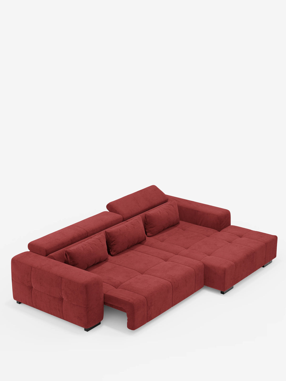 Ecco una versione riscritta utilizzando i dati del prodotto forniti: Il divano angolare Monarch con penisola e relax elettrico per l’allungamento delle sedute di Divani.Store è un moderno divano componibile rosso con rivestimento in morbido tessuto T31 resistente alle macchie, caratterizzato da cuscini soffici, una chaise longue sul lato destro (penisola) e poggiatesta reclinabili per un comfort ancora maggiore, il tutto su uno sfondo bianco a tinta unita.