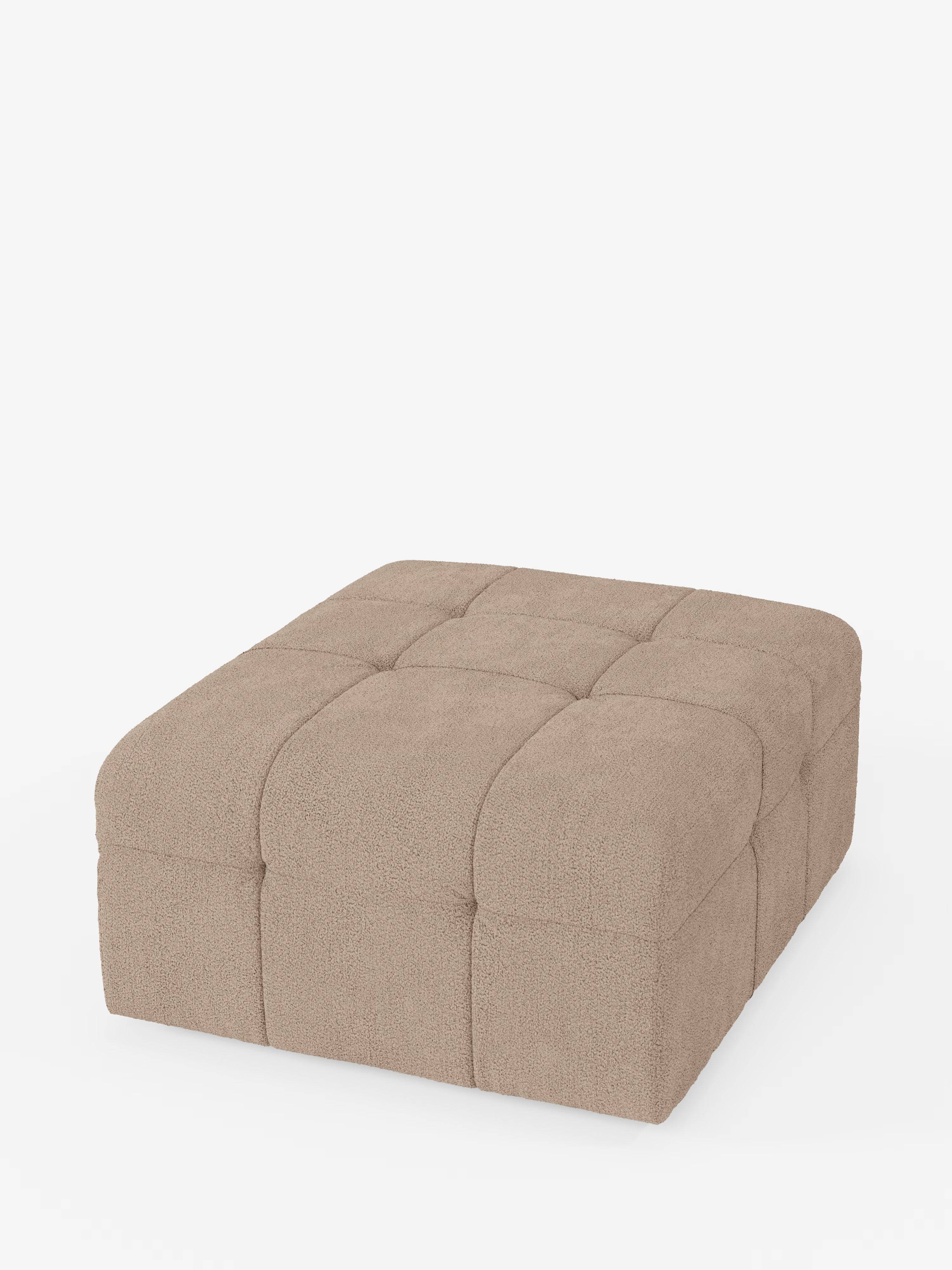 Un pouf quadrato Mosaic di colore beige, realizzato in bouclé da Divani.Store, dalle dimensioni di 96x77 cm, presenta una superficie imbottita con lavorazione capitonné in morbido tessuto T21 resistente alle macchie. Con il suo profilo basso e le linee pulite che si stagliano su una superficie piana contro uno sfondo bianco a tinta unita, questo pouf Made in Italy è un elemento d’arredo raffinato che mette in risalto un’eccezionale maestria artigianale.