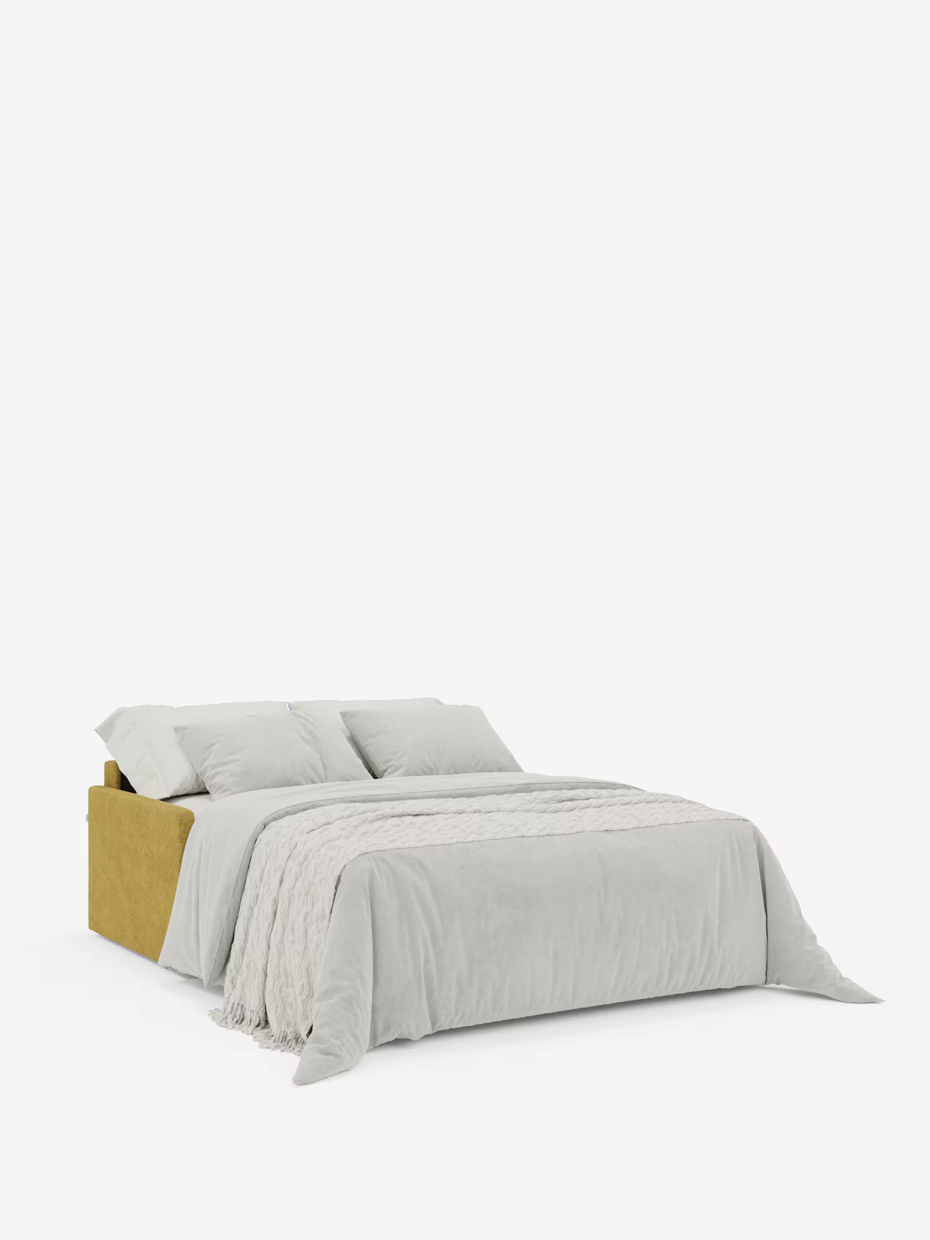 Un letto moderno con base imbottita color giallo senape, biancheria da letto grigio chiaro, un plaid grigio testurizzato e quattro cuscini coordinati fa da contrappunto a uno sfondo bianco a tinta unita: un abbinamento ideale per gli interni arredati con il letto Tommy Divano a 2 e 3 posti matrimoniale di Divani.Store, con il suo design dai braccioli sottili e il rivestimento in tessuto T33 simile al cotone, facilmente sfoderabile e resistente alle macchie, garantisce un comfort contemporaneo e armonioso.