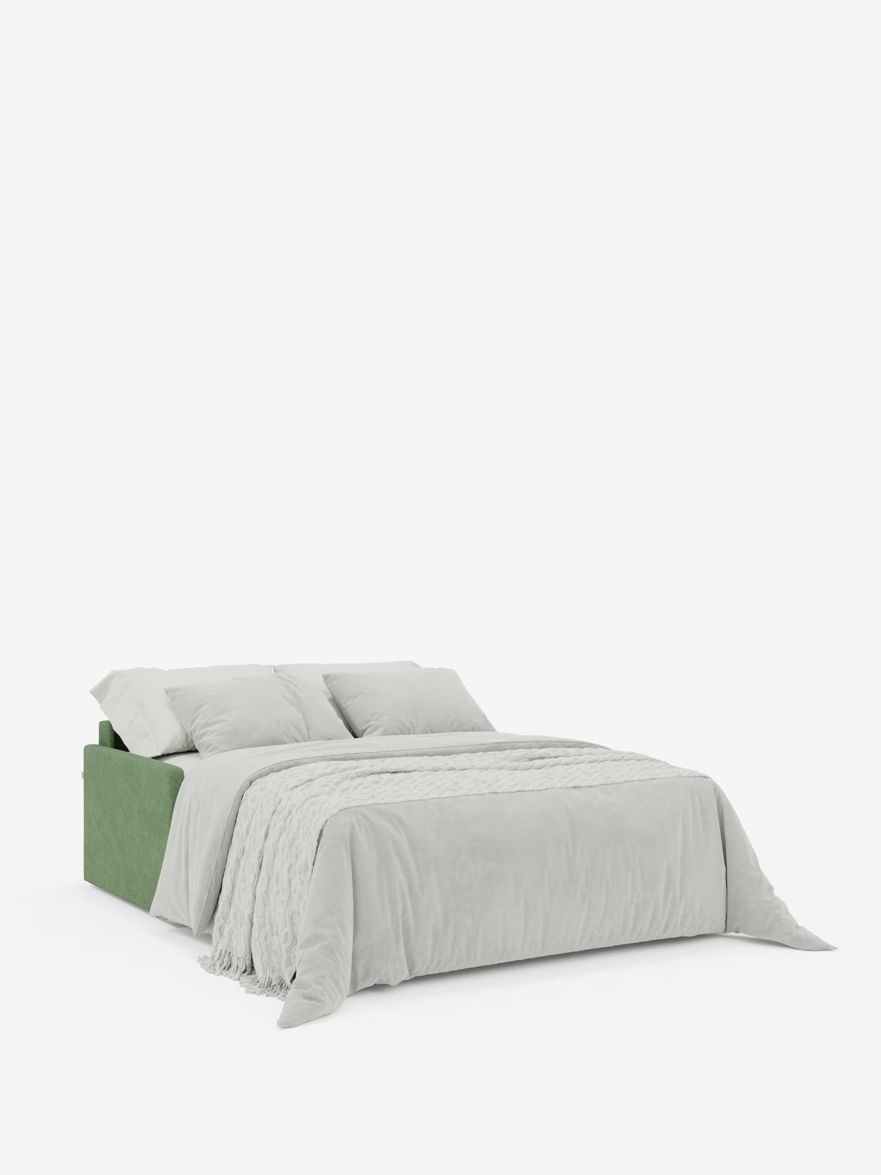 Caratterizzato da una testiera imbottita verde e da biancheria da letto grigio chiaro con una coperta, oltre a due cuscini disposti contro la testiera, il divano letto Tommy a 2 e 3 posti matrimoniale di Divani.Il modello Store — realizzato in tessuto T33 simile al cotone, completamente sfoderabile e resistente alle macchie — fonde armoniosamente lo stile moderno di un divano moderno con la versatilità funzionale di un divano letto compatto, il tutto messo in risalto da uno sfondo bianco pulito.