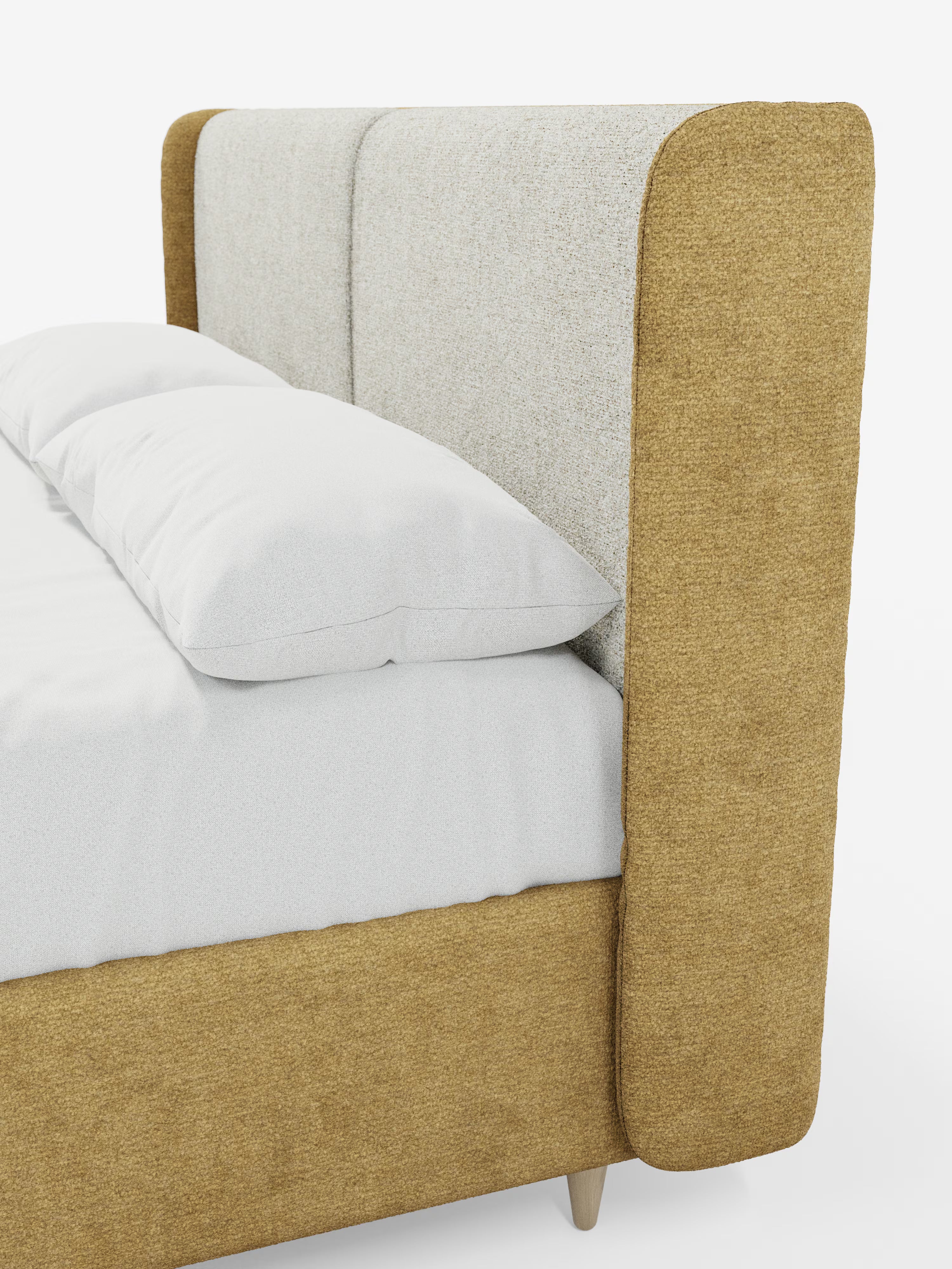 Un primo piano del letto imbottito bicolore VALKIRIA con contenitore di Letti.store mette in risalto la sua testiera alta e avvolgente, dalla linea curva, con pannelli imbottiti beige chiaro e fianchi in tessuto giallo senape dalle forme dolcemente arrotondate, che si abbinano perfettamente al telaio del letto. Questo moderno design bicolore di Letti.store è caratterizzato da biancheria da letto bianca e da un’estetica minimalista.