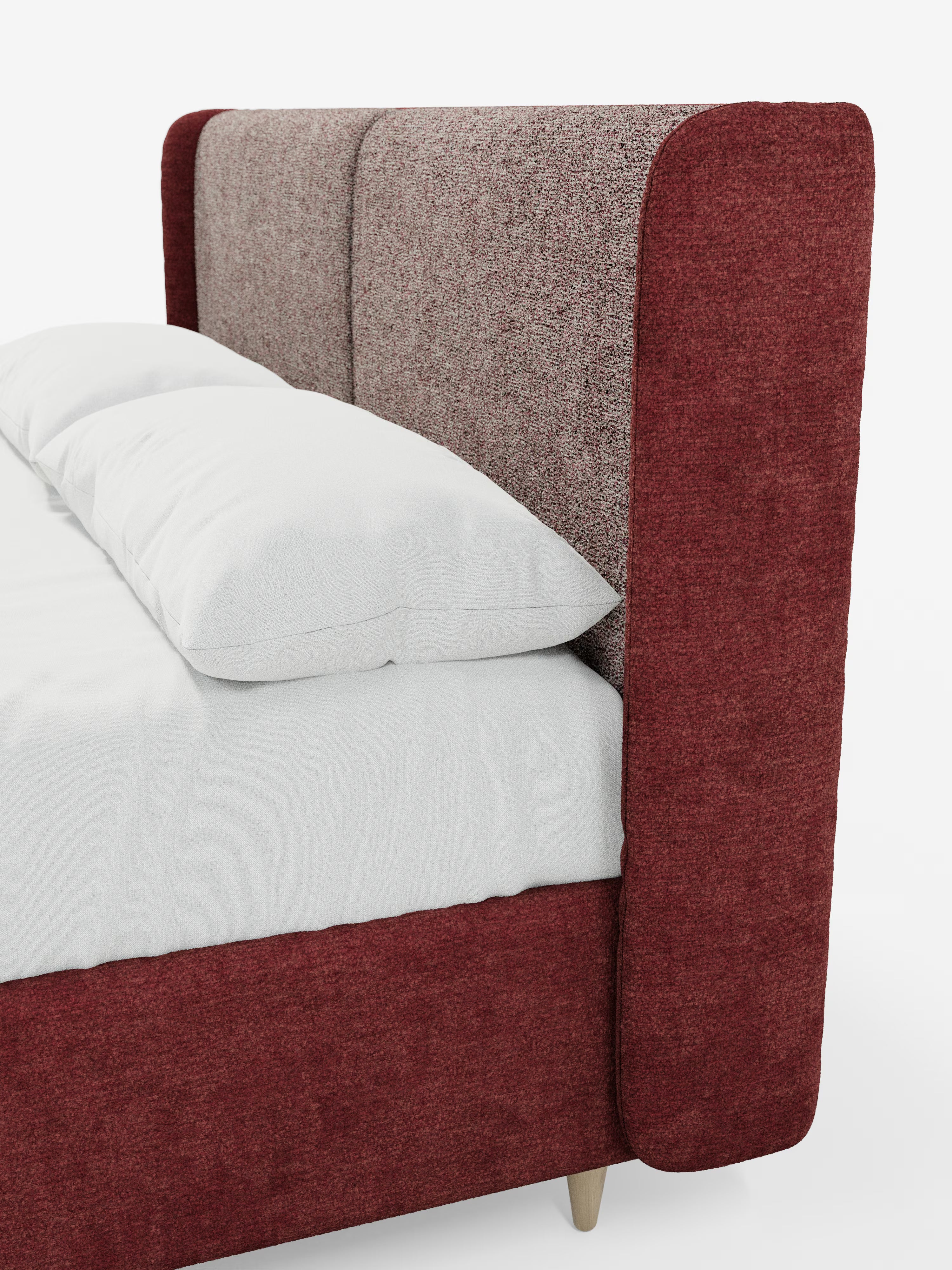 Un primo piano del letto imbottito bicolore VALKIRIA con contenitore di Letti.store mostra una testiera curva avvolgente, dalla trama ruvida e di colore marrone chiaro, con comodi cuscini schienali e una struttura rivestita in rosso. Il letto è abbinato a biancheria da letto e cuscini bianchi, e una gamba corta in legno chiaro è visibile su uno sfondo bianco a tinta unita.