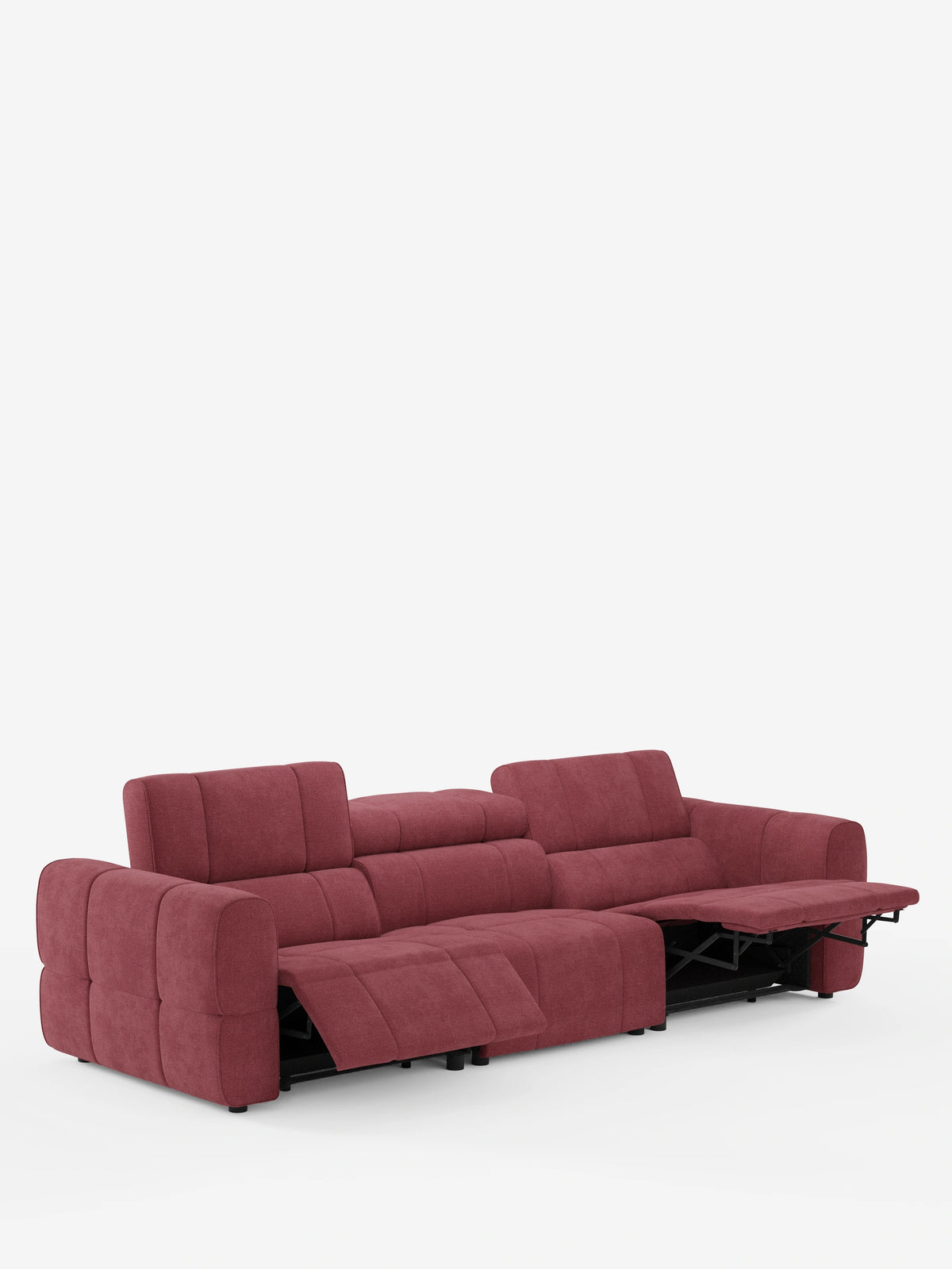 Un divano modulare Giotto a 4 posti con poggiatesta reclinabili e funzione relax elettrica opzionale, rivestito in tessuto smacchiabile T23 color rosso-marrone, con due sedute reclinate che lasciano intravedere i meccanismi di supporto in metallo nero su uno sfondo bianco.
