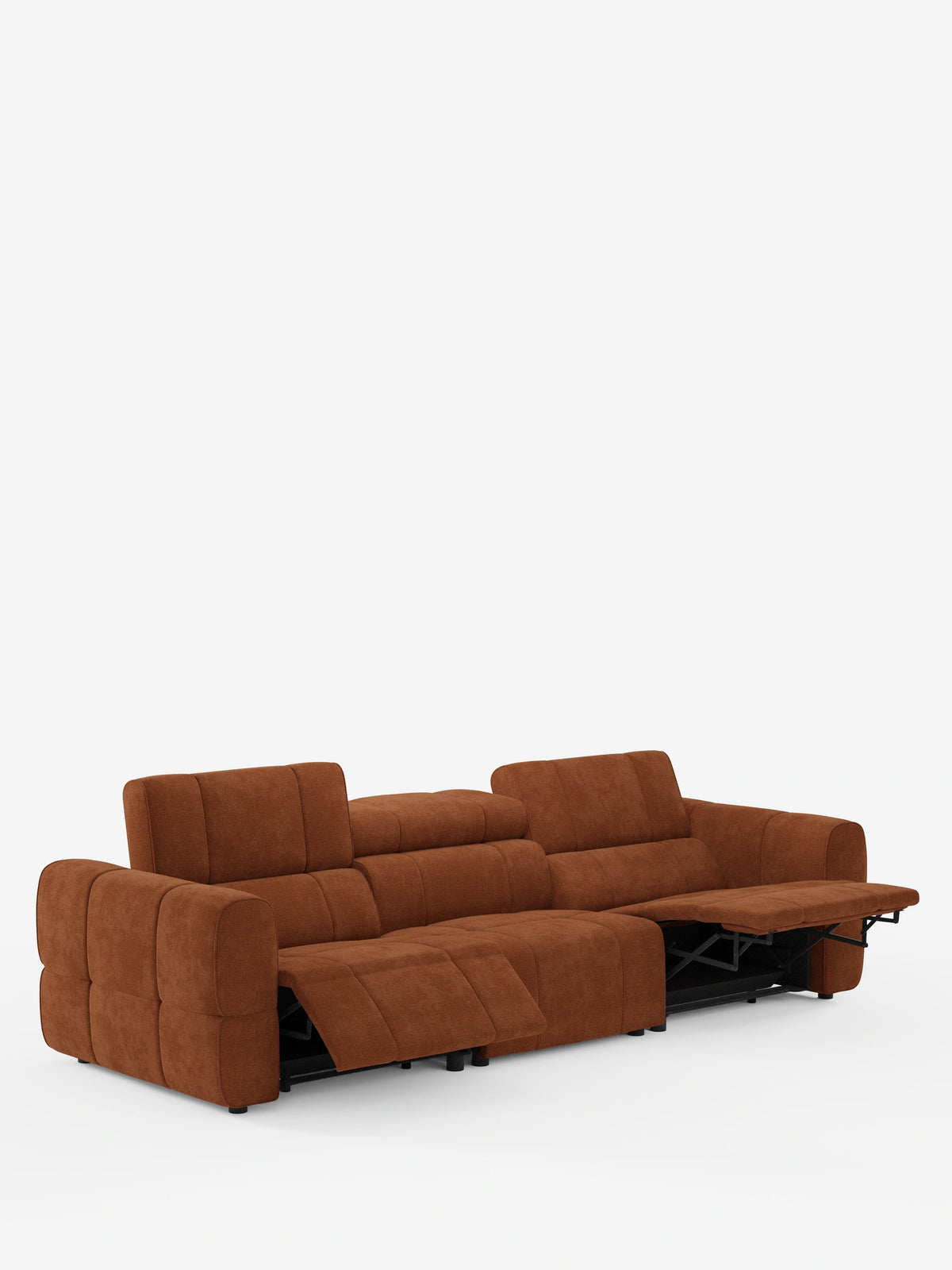 Giotto, divano modulare a 4 posti con poggiatesta reclinabili e funzione relax elettrica opzionale, rivestito in tessuto smacchiabile T23: un moderno divano modulare a 4 posti in tessuto testurizzato color marrone ruggine, dotato di poggiatesta regolabili e due poggiapiedi ribaltabili.