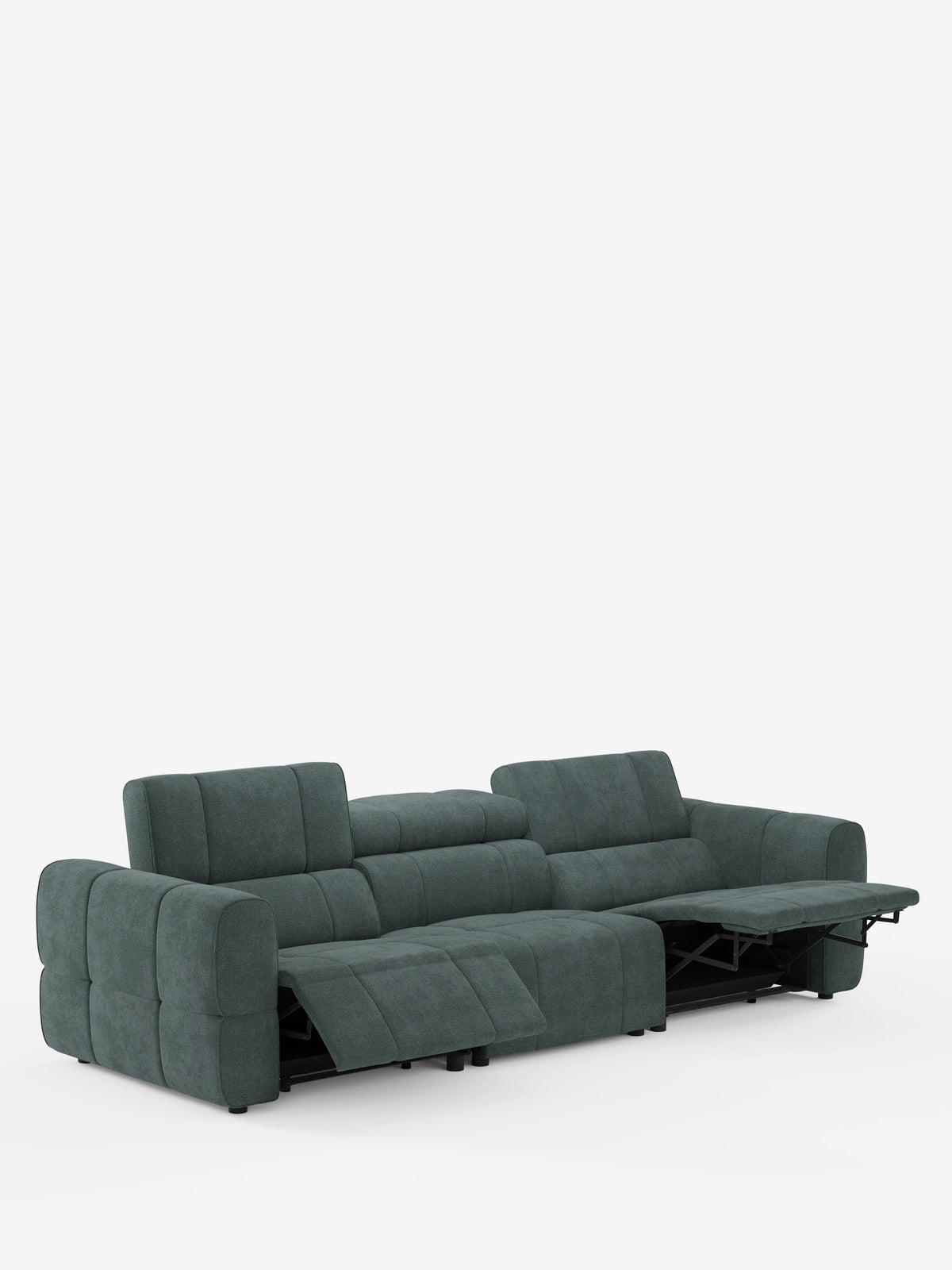 Giotto, divano modulare a 4 posti con poggiatesta reclinabili e funzione relax elettrica opzionale, in tessuto smacchiabile T23: un divano modulare a quattro posti color verde acqua scuro con schienali bassi, poggiatesta regolabili e due poggiapiedi integrati estensibili.
