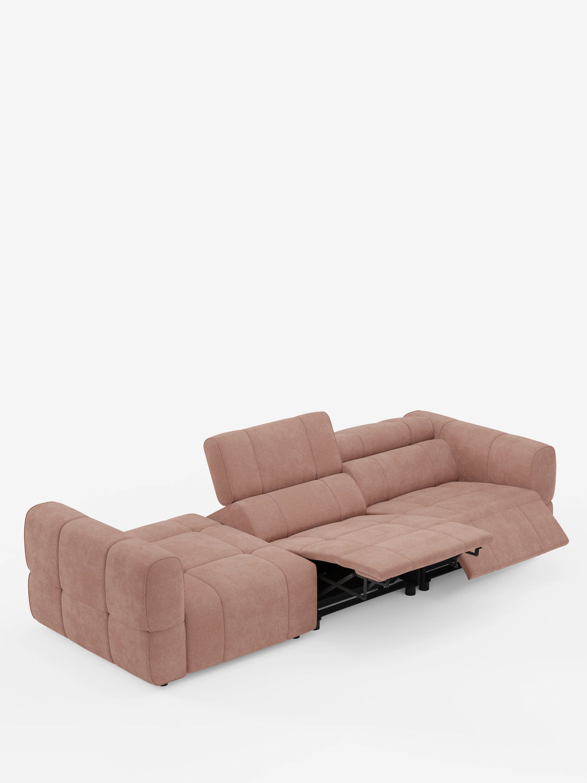 Il divano componibile Giotto con terminale aperto - opzione relax elettrico in tessuto smacchiabile T23 è un moderno divano componibile in tessuto rosa antico con motivo trapuntato, dotato di poggiapiedi elettrico e poggiatesta regolabile.