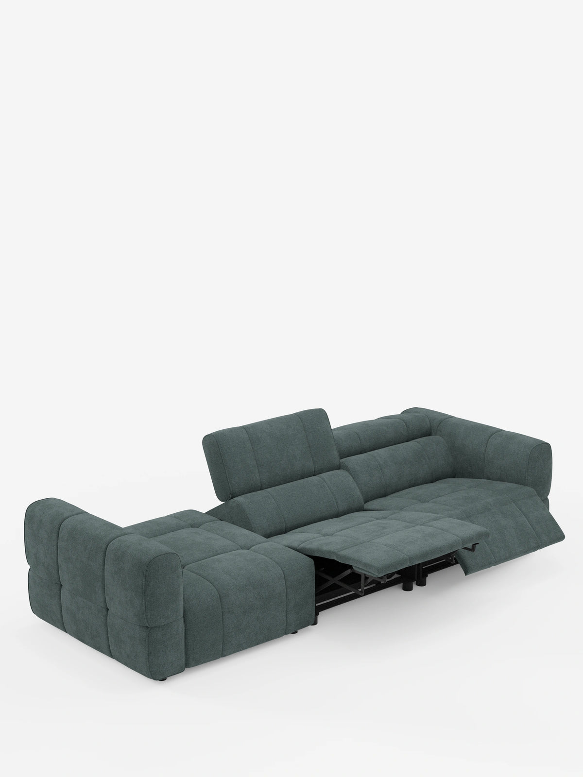 Un moderno divano componibile Giotto con terminale aperto - opzione relax elettrico in tessuto smacchiabile: divano componibile T23 in verde acqua testurizzato, con chaise longue sul lato sinistro, poggiapiedi elettrico e poggiatesta regolabili su sfondo bianco.