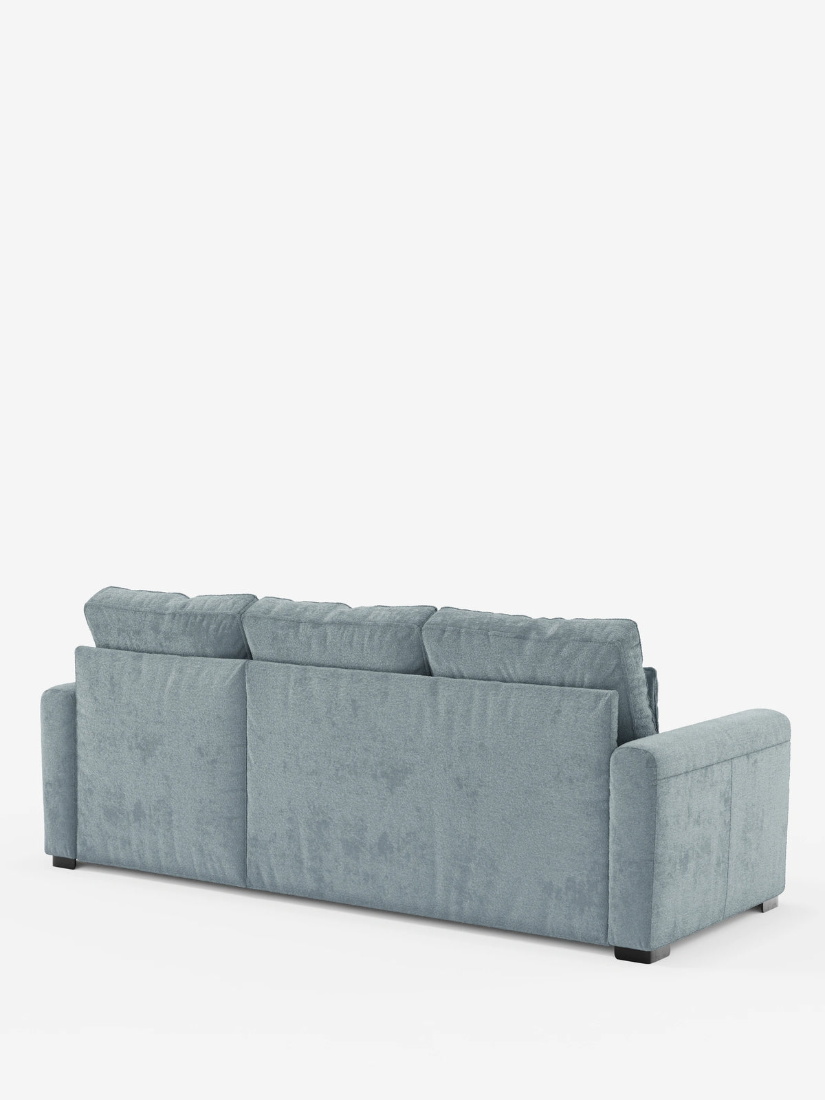 Vista posteriore di un divano letto Ottaviano azzurro con letto estraibile – penisola reversibile e contenitore in tessuto materico smacchiabile su sfondo bianco, caratterizzato da tre schienali, braccioli sottili e piedini corti scuri.