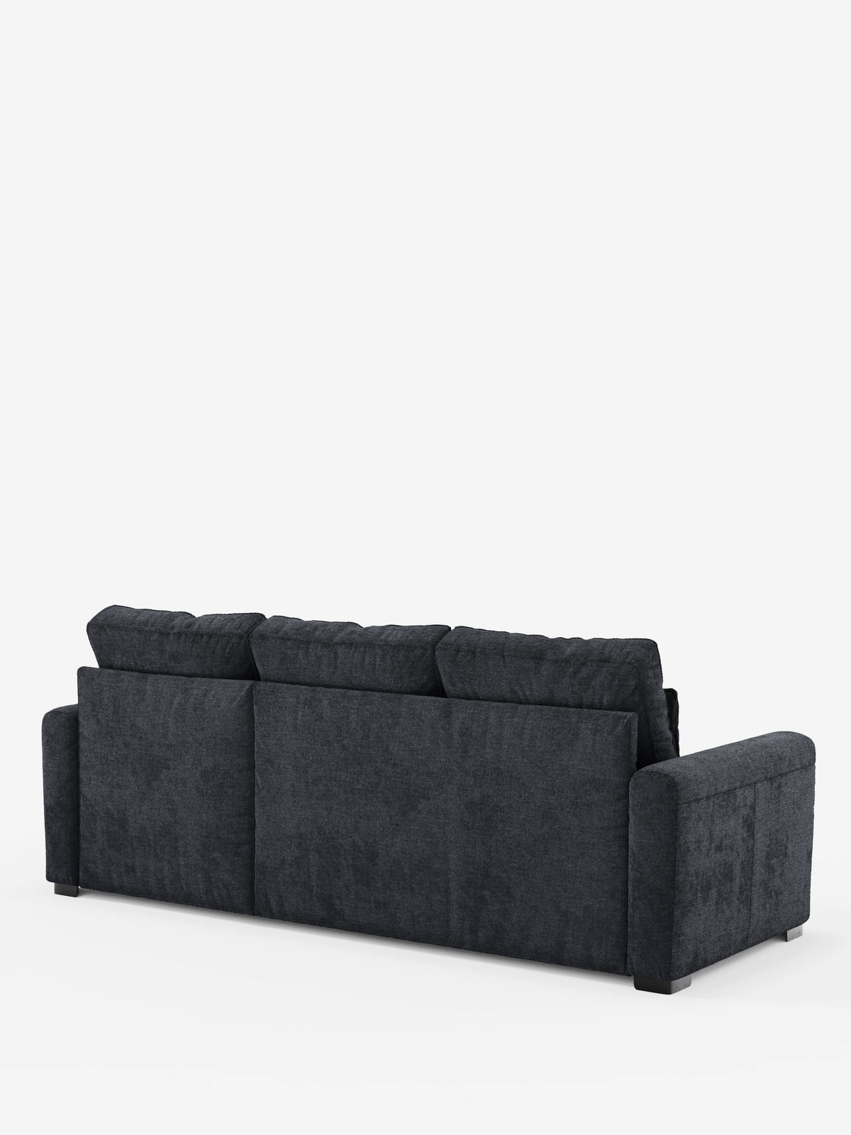 Un divano letto Ottaviano grigio scuro con letto estraibile, penisola reversibile e contenitore in tessuto materico smacchiabile, ripreso in una vista posteriore a tre quarti con tre cuscini dello schienale, braccioli bassi e piedini a blocco scuri su sfondo bianco.