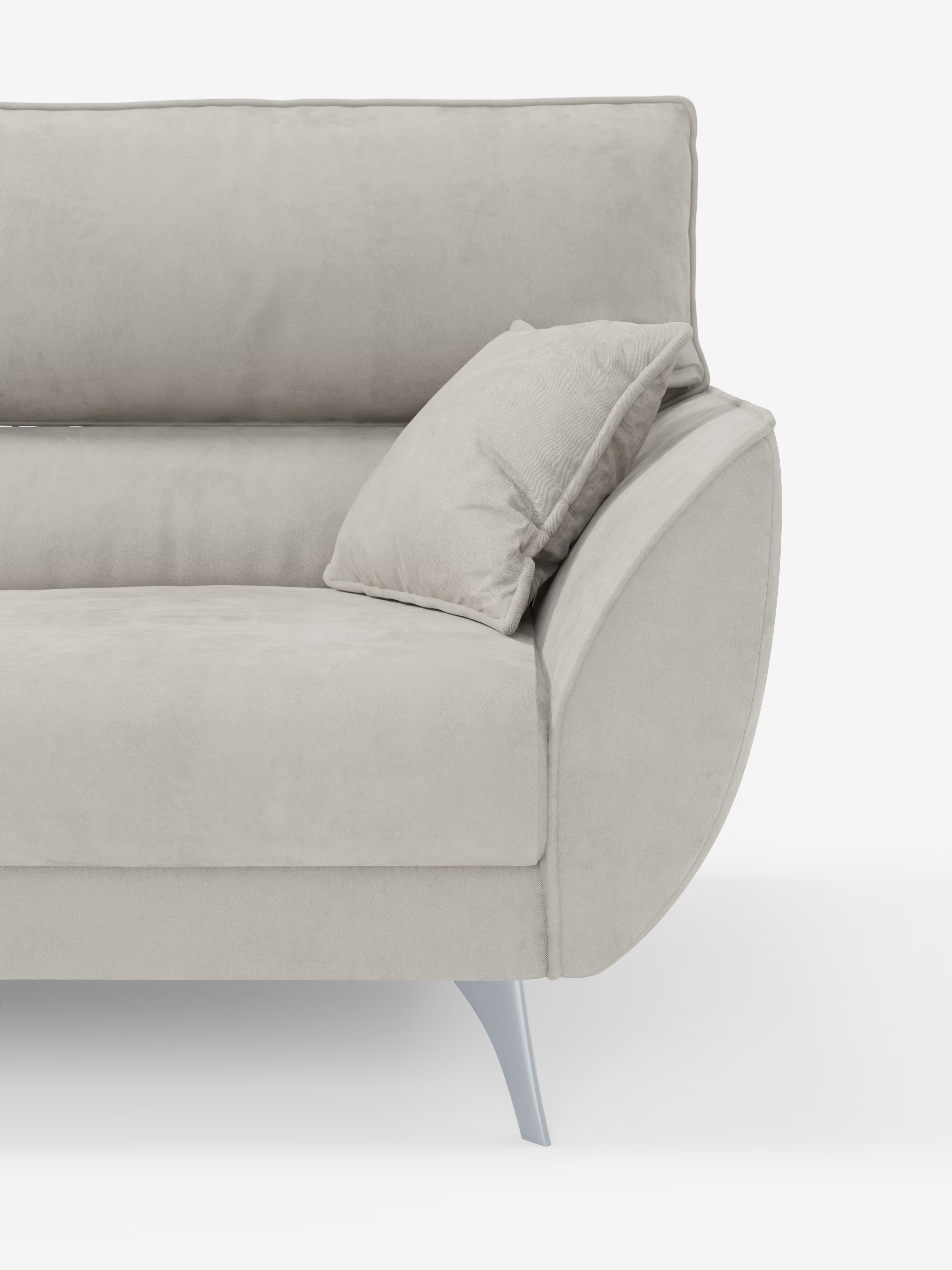 Immagine ritagliata di un moderno divano Michelangelo 4 Posti in grigio chiaro – Divano con 3 sedute estensibili e poggiatesta reclinabili in elegante tessuto vellutino smacchiabile T30 di Divani.Store, raffigurato con un cuscino coordinato. Il design mette in risalto il morbido rivestimento, i braccioli arrotondati e le gambe angolari in metallo, il tutto su uno sfondo bianco a tinta unita. È visibile solo la metà sinistra del divano.