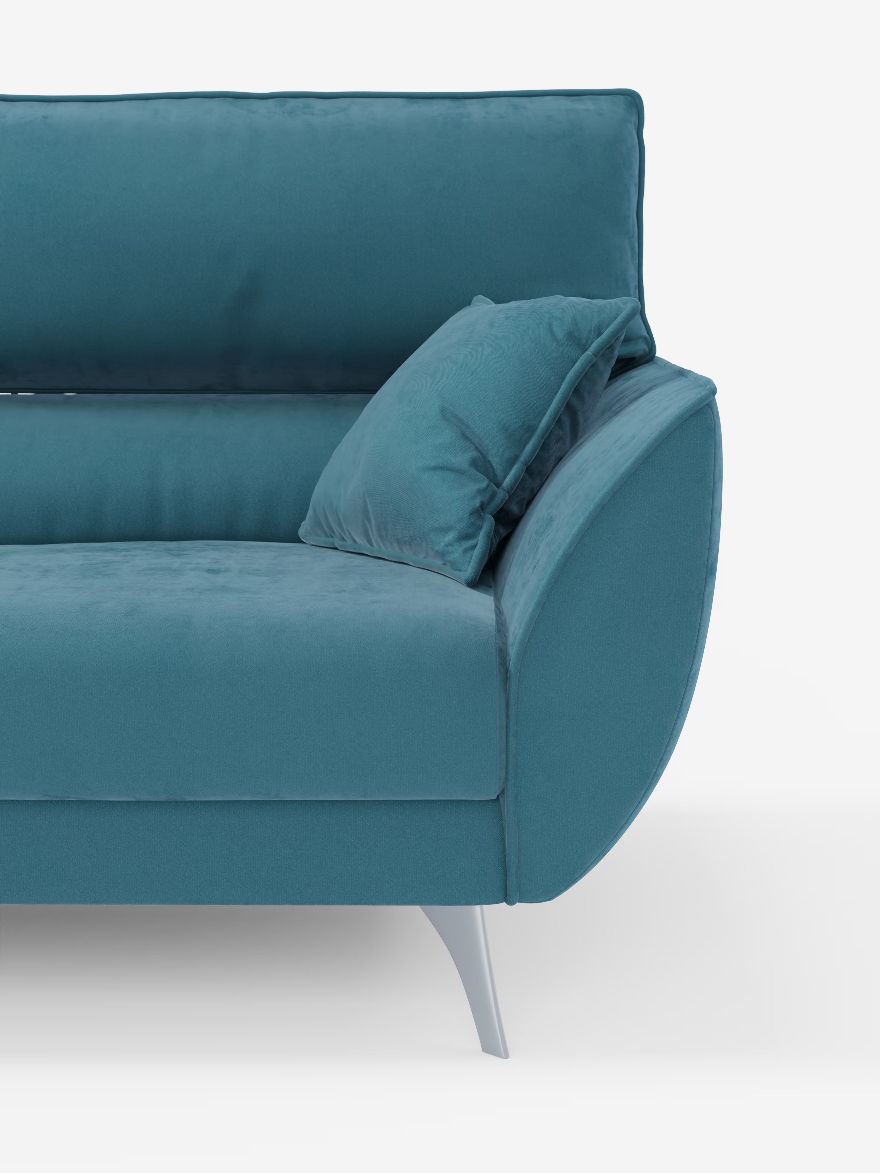 Ecco un elegante divano Michelangelo a 4 posti di Divani.Store, presentato in una moderna tonalità verde acqua, dotato di 3 sedute estensibili, poggiatesta reclinabili, un cuscino coordinato, braccioli arrotondati e gambe argentate inclinate. Su uno sfondo bianco a tinta unita, è visibile solo la metà sinistra di questo sofisticato divano con sedute estensibili in tessuto vellutino smacchiabile T30.