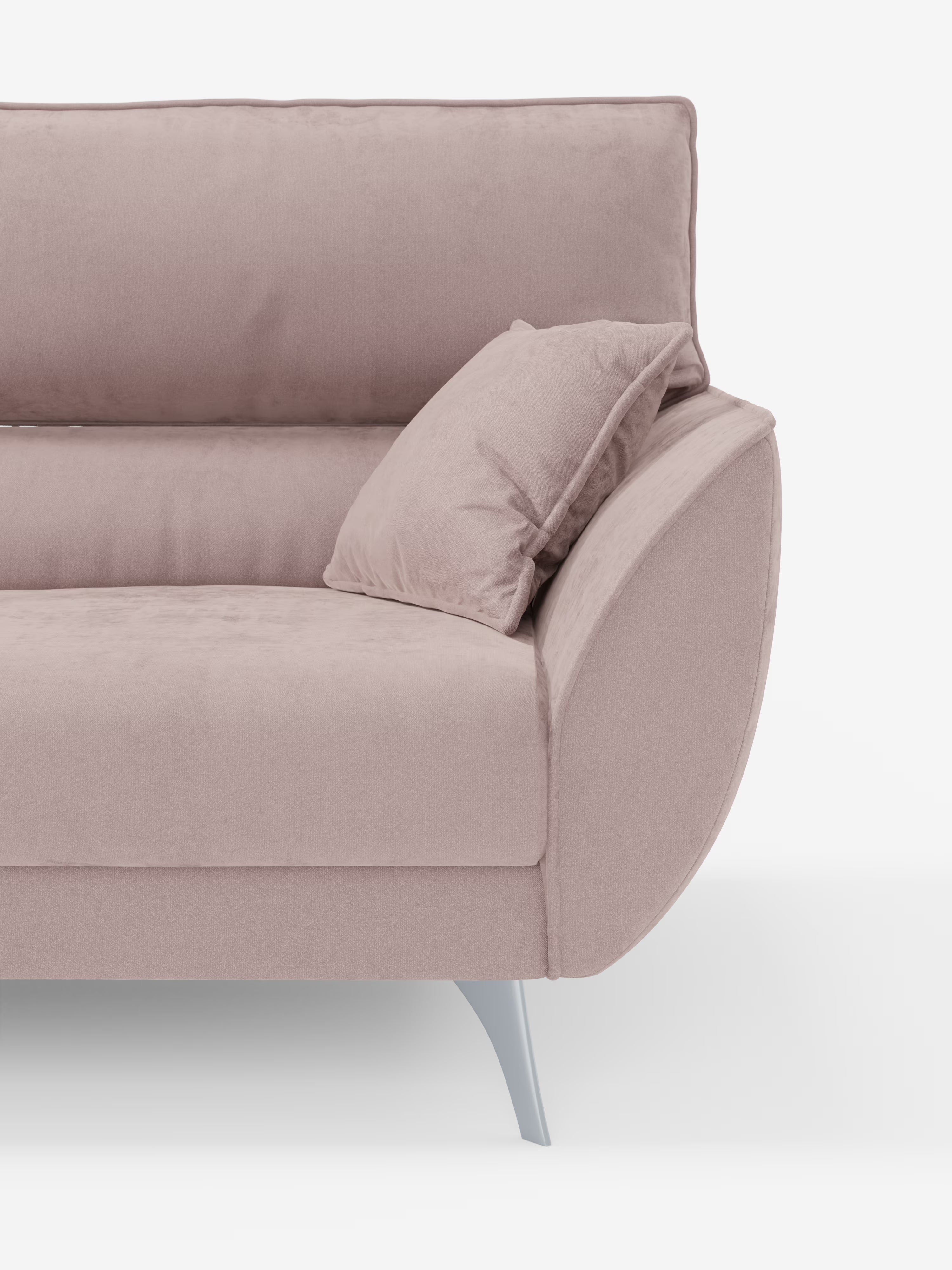 Un divano contemporaneo Michelangelo 4 Posti di Divani.Store, realizzato in tessuto di velluto T30 color malva chiaro e resistente alle macchie. È dotato di tre sedute estraibili, poggiatesta reclinabili, una seduta imbottita con schienale abbinato e un bracciolo angolato. Sul sedile è posizionato un cuscino coordinato. Il divano poggia su eleganti gambe argentate angolate su uno sfondo bianco a tinta unita; è visibile solo la metà destra del divano.