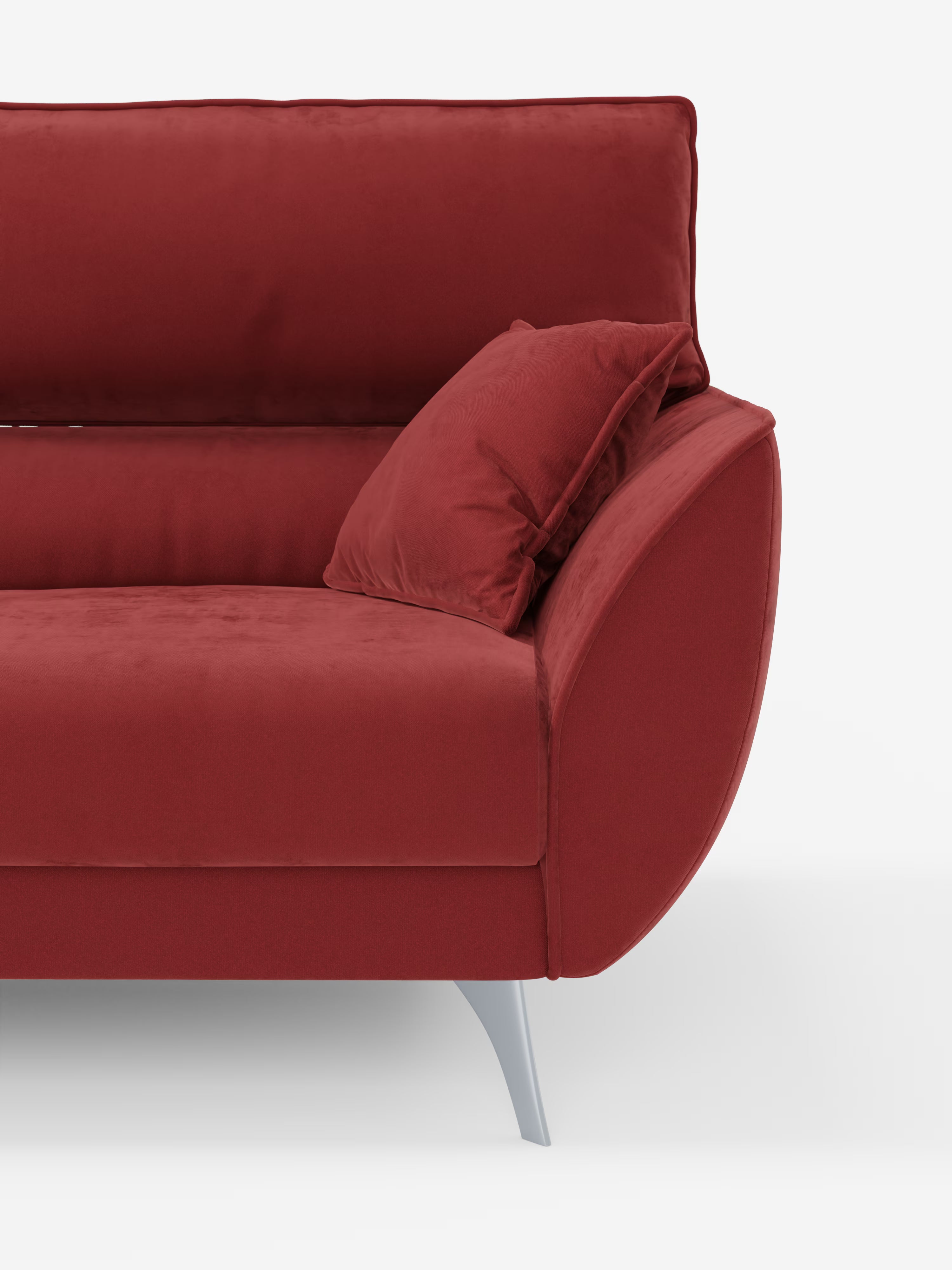 Vi presentiamo il divano Michelangelo 4 Posti di Divani.Store: un divano contemporaneo dall’effetto velluto rosso con 3 sedute estensibili e poggiatesta reclinabili. Questo modello presenta braccioli angolati, cuscini coordinati ed eleganti gambe in metallo, il tutto rivestito in elegante tessuto T30 effetto velluto resistente alle macchie. Immagine di profilo su sfondo bianco per un'estetica moderna.