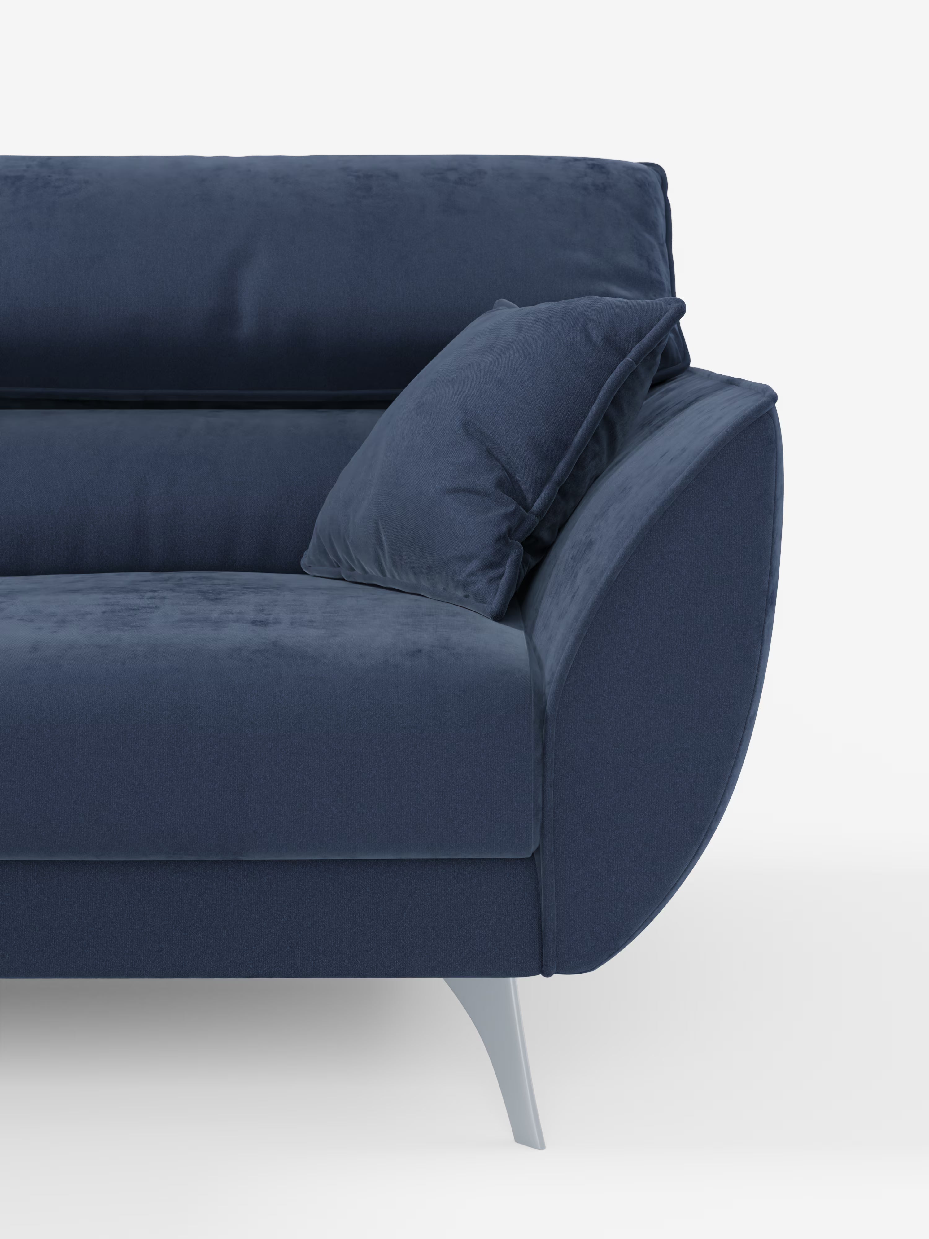 Il divano Michelangelo a 2 e 3 posti di Divani.Store, rivestito in tessuto T30 facile da pulire, si presenta in una moderna tonalità blu navy con cuscini coordinati. Questo divano dal design contemporaneo è dotato di sedute estensibili, poggiatesta reclinabili, braccioli arrotondati dalle linee morbide e gambe in metallo con finitura opaca. Su uno sfondo bianco a tinta unita, spicca il design elegante e innovativo del Michelangelo.