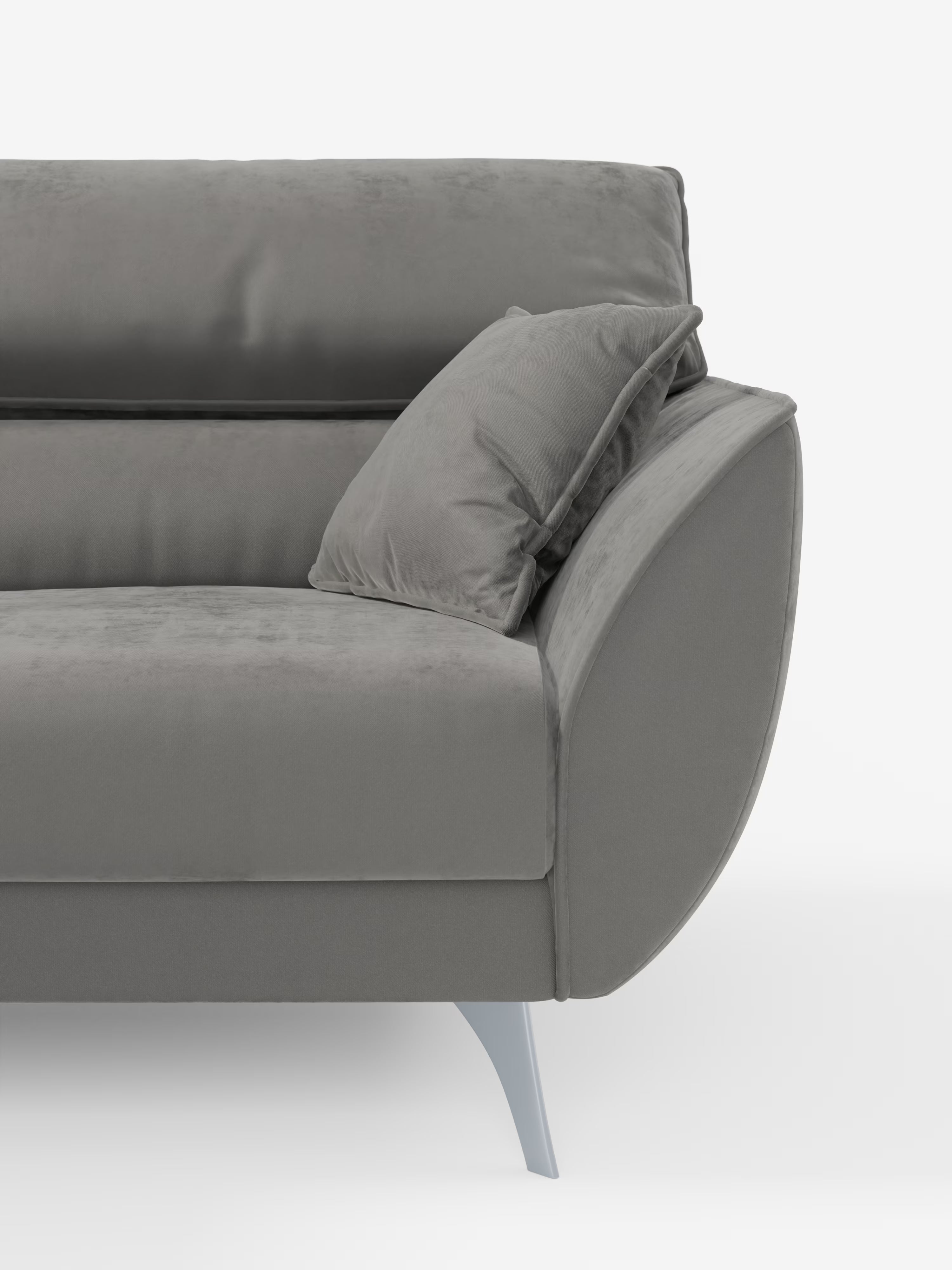 Un divano contemporaneo grigio Michelangelo a 2 e 3 posti con sedute allungabili e poggiatesta reclinabili, rivestito in tessuto smacchiabile T30 di Divani.Store, caratterizzato da un rivestimento morbido, un bracciolo angolato, un cuscino coordinato ed eleganti gambe argentate. Su uno sfondo bianco a tinta unita è visibile solo il lato sinistro di questo elegante divano.