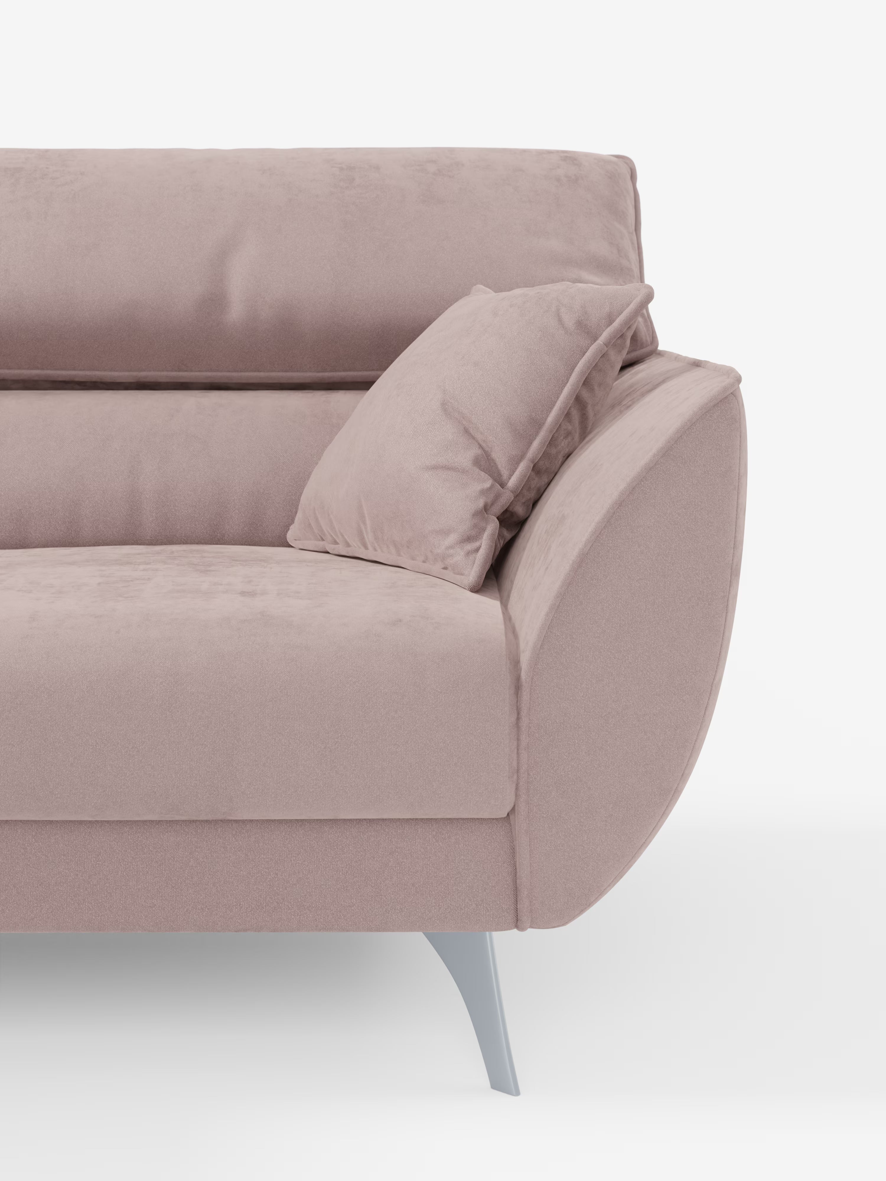 Un primo piano del divano Michelangelo a 2 e 3 posti con sedute allungabili e poggiatesta reclinabili in tessuto smacchiabile T30 di Divani.Store, qui raffigurato in velluto rosa chiaro con cuscino abbinato. Questo divano moderno presenta bordi arrotondati, un ampio bracciolo e gambe argentate angolate, il tutto su uno sfondo bianco a tinta unita che ne esalta la morbida trama e il design contemporaneo.