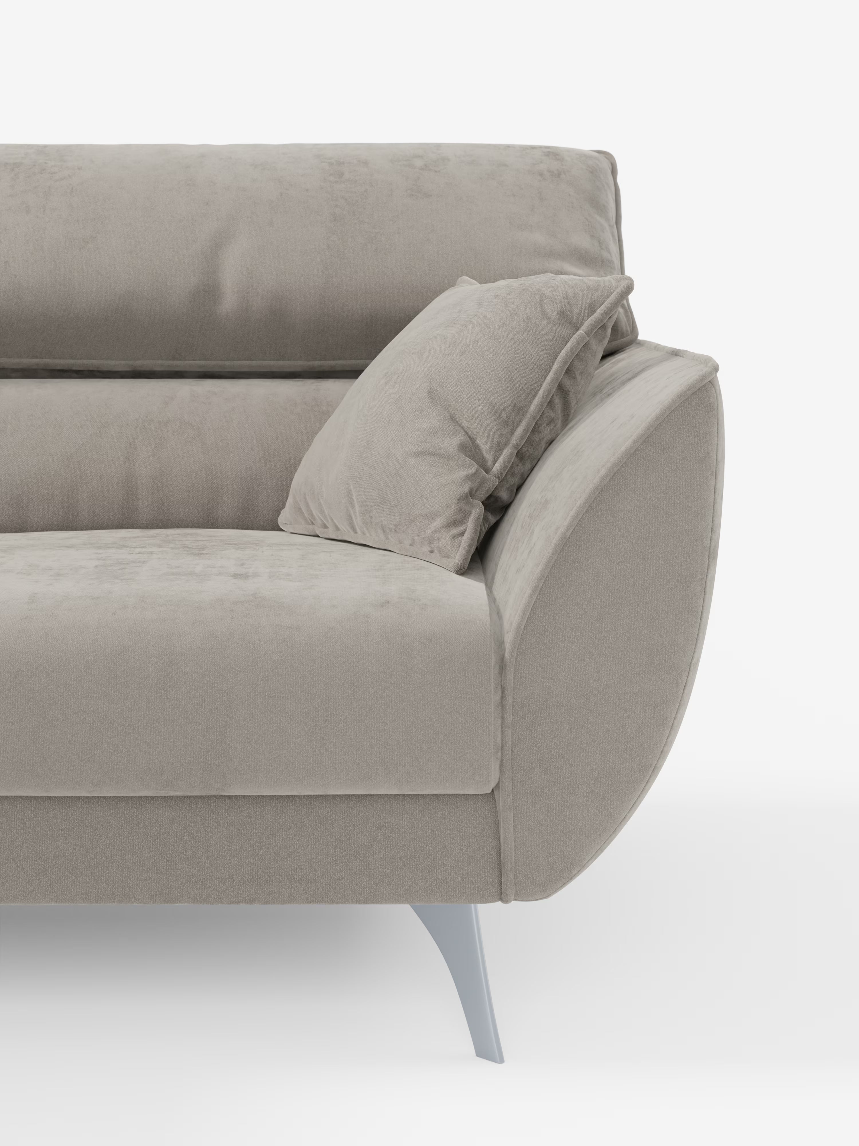 Il divano contemporaneo Michelangelo a 2 e 3 posti di Divani.Store è presentato in tessuto T30 grigio chiaro e resistente alle macchie. Il design è caratterizzato da curve morbide e da eleganti gambe argentate angolate. Un cuscino decorativo coordinato è posizionato sul bracciolo, mentre su uno sfondo bianco è visibile solo il lato destro del divano con la sua seduta estensibile e il poggiatesta regolabile.