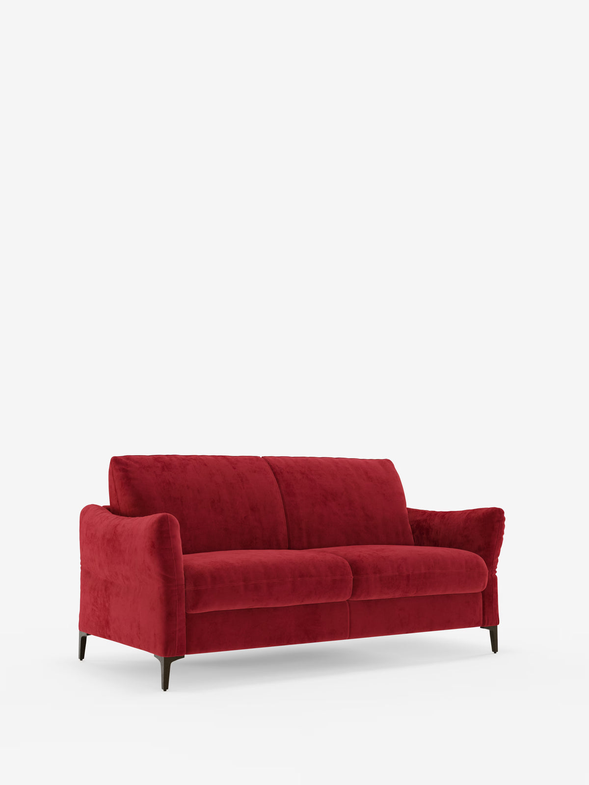 Un divano letto Dalia di Divani.Store, rivestito in un moderno tessuto in velluto rosso antimacchia (T30), con braccioli ricurvi, due cuscini di seduta e sottili gambe nere, è posizionato al centro di uno sfondo bianco liscio. Disponibile nelle versioni a 2, 3 o 4 posti con materasso H18, questo divano si ispira al design scandinavo: lo schienale leggermente inclinato ne esalta il comfort, mantenendo al contempo un’estetica moderna ed elegante.
