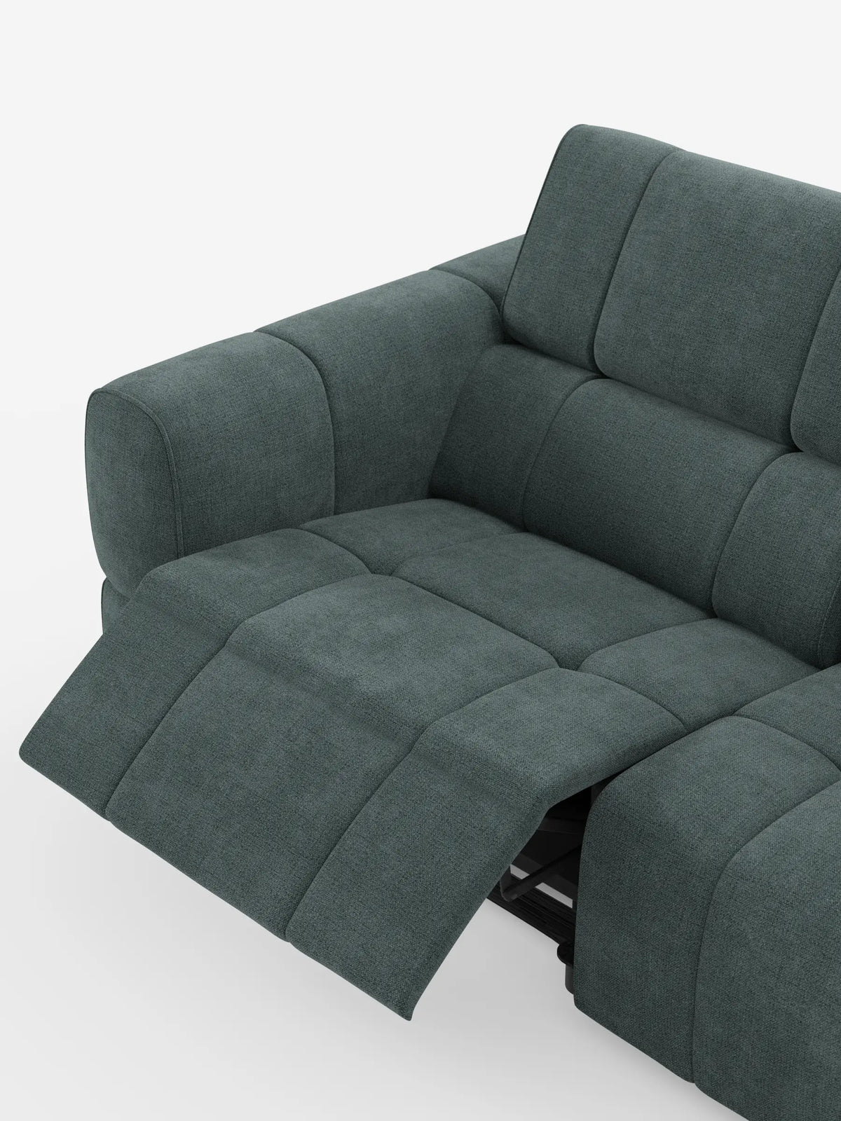 Un moderno divano modulare Giotto a 3 posti, con poggiatesta reclinabili e funzione relax elettrica opzionale, rivestito in tessuto smacchiabile T23 color verde acqua scuro, caratterizzato da un poggiapiedi reclinabile, poggiatesta regolabili e un design minimalista su sfondo bianco.