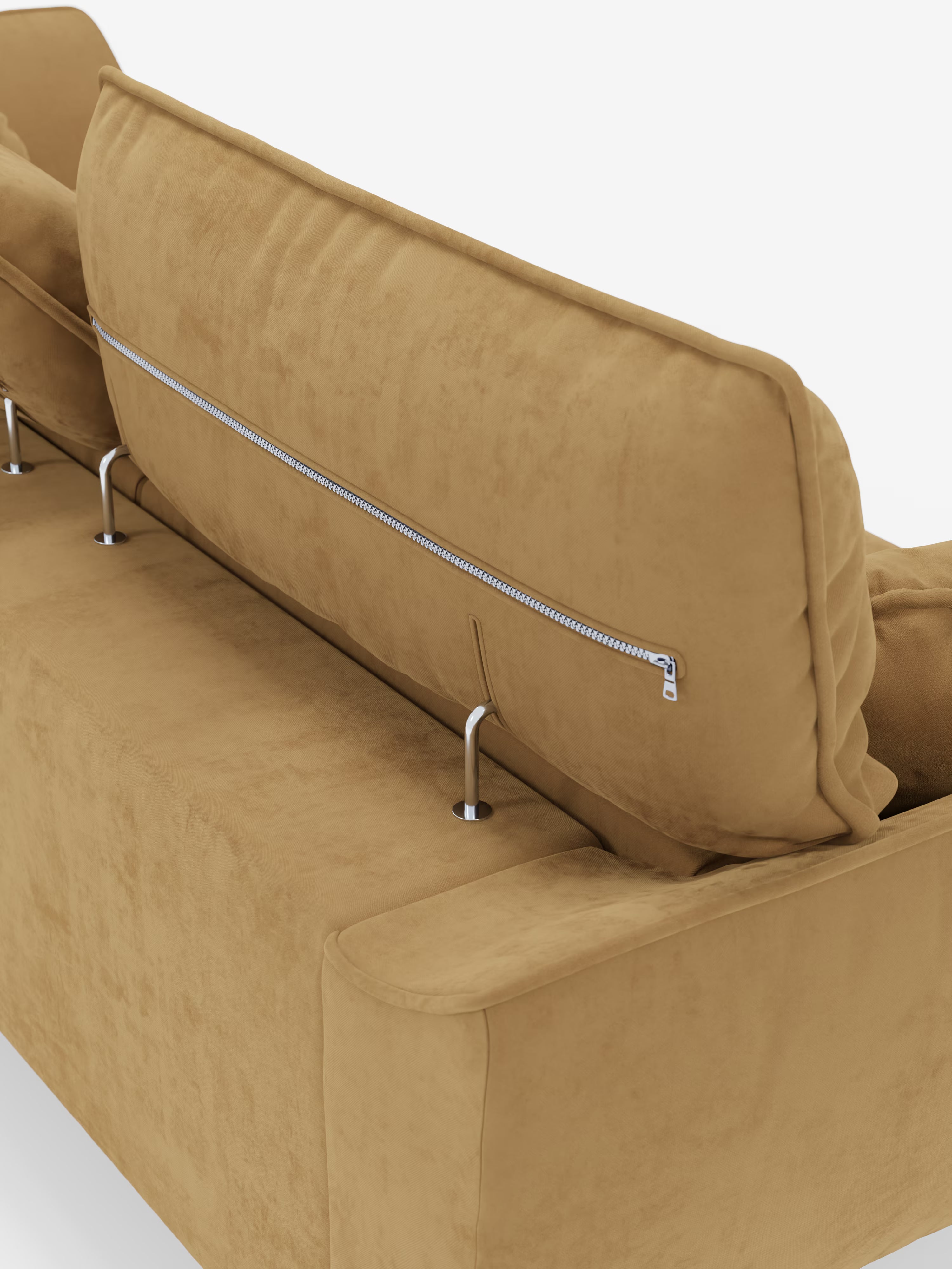 Un primo piano del modello Michelangelo 4 Posti di Divani.Il modello, rivestito nell'elegante tessuto smacchiabile Vellutino T30, presenta il cuscino dello schienale con una cerniera argentata a vista e due aste di sostegno cromate inserite nella struttura del divano, che ne sottolineano il design moderno, le tre sedute estensibili, i poggiatesta reclinabili e gli squisiti dettagli del rivestimento.