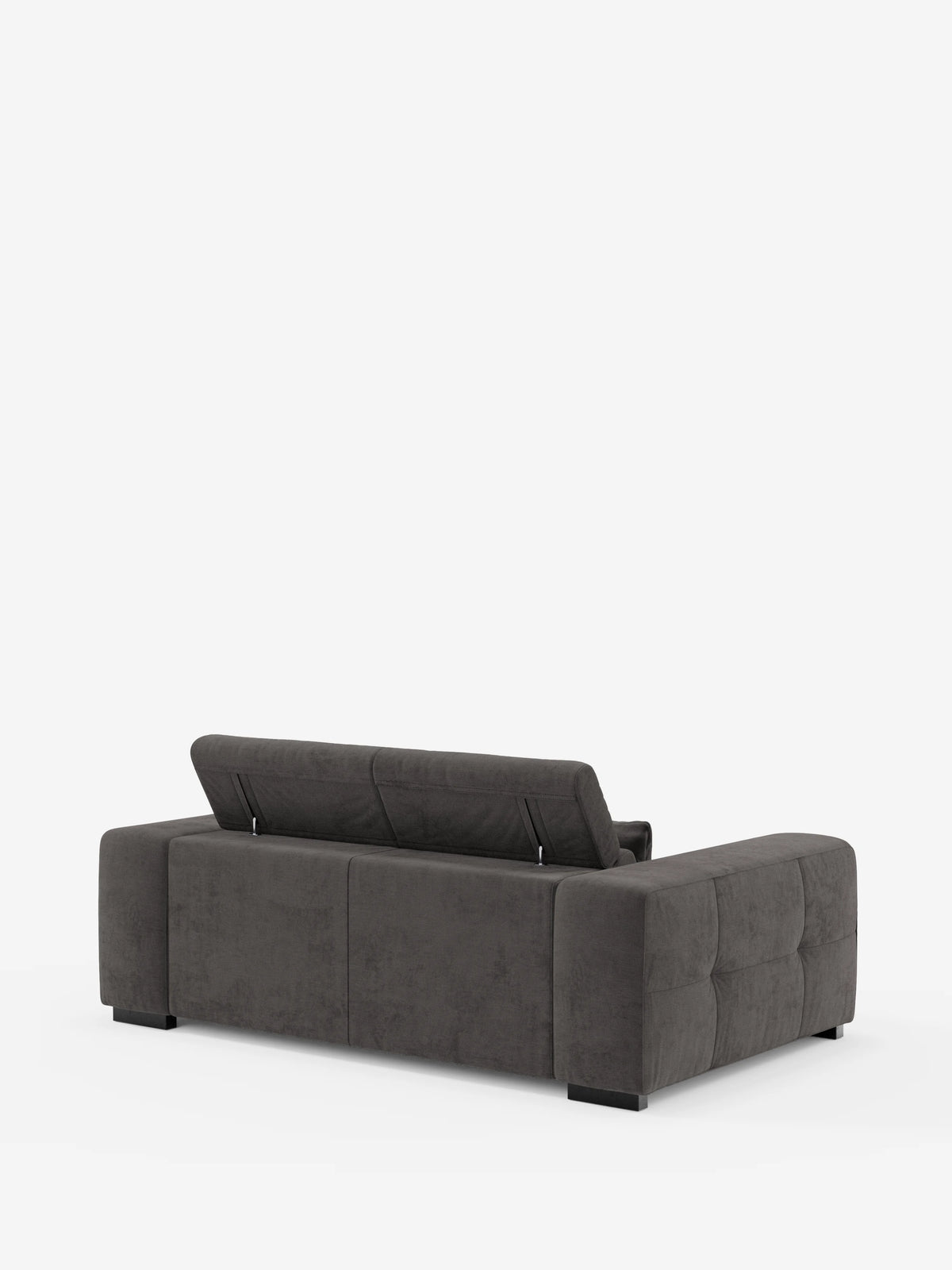 Il divano Monarch Divano con Relax Elettrico per l’allungamento delle sedute e poggiatesta reclinabile di Divani.Store, in grigio scuro e dal design moderno, è raffigurato visto da dietro. Il divano, lussuoso e trapuntato, presenta ampi braccioli e gambe corte nere, con un poggiatesta sollevato per rivelare il suo meccanismo di relax regolabile. Rivestito in morbido tessuto T31 resistente alle macchie, il divano è posto su uno sfondo bianco a tinta unita.