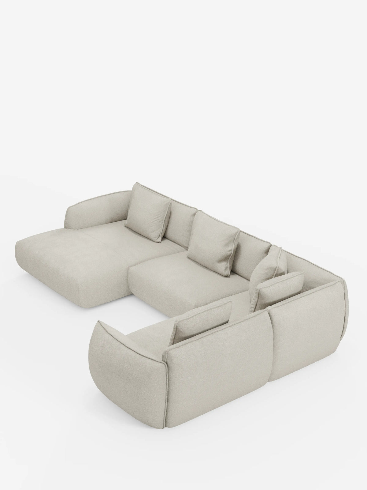 Vi presentiamo il divano angolare panoramico componibile Nimbus con penisola e angolo in tessuto smacchiabile T33 di Divani.Store: un moderno divano componibile a L in beige chiaro, caratterizzato da sedute ampie e dal profilo ribassato, morbidi cuscini dello schienale e braccioli arrotondati e imbottiti. Il suo design minimalista è caratterizzato da linee morbide e pulite e dall’eccezionale qualità del Made in Italy.