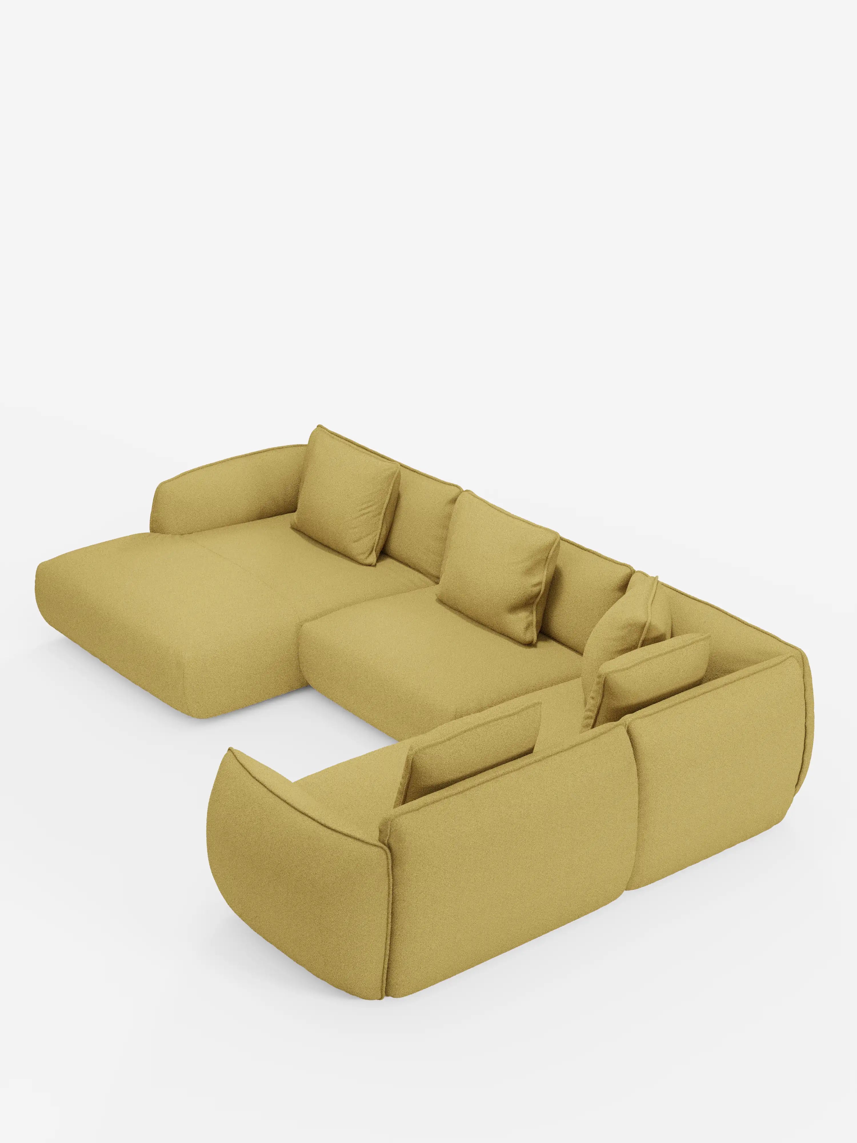Il divano angolare panoramico componibile con penisola e angolo Nimbus di Divani.Store è un moderno divano modulare a forma di L rivestito in tessuto giallo senape resistente alle macchie. Caratterizzato da sedute ampie, schienali bassi, braccioli imbottiti e sei cuscini decorativi coordinati, questo elegante divano modulare incarna il comfort e lo stile contemporanei su uno sfondo bianco liscio senza gambe a vista.