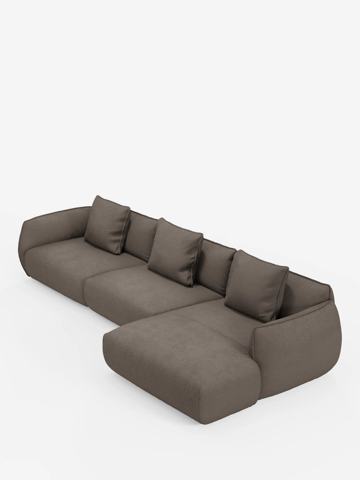 Un divano angolare componibile Nimbus dal profilo basso e moderno con penisola, firmato Divani.Store, rivestito in tessuto T33 smacchiabile grigio scuro effetto cotone. Dotato di quattro cuscini di seduta, cinque cuscini dello schienale abbinati e braccioli arrotondati, la chaise longue si estende nella parte anteriore destra. Questo divano moderno è esposto su uno sfondo bianco a tinta unita.