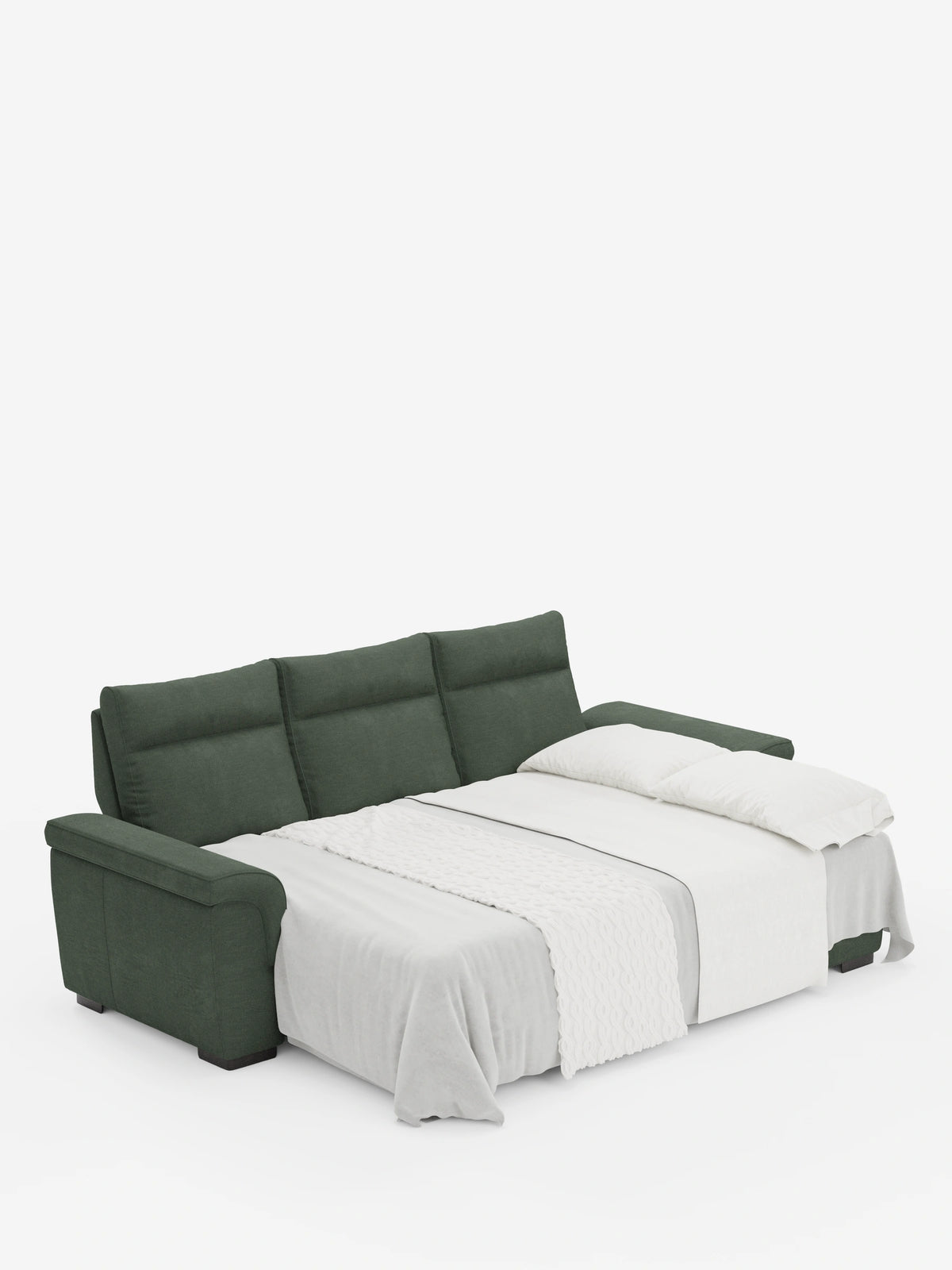 Un divano letto angolare Ischia color verde salvia, con schienali scorrevoli, elemento estraibile e penisola contenitore in tessuto antimacchia misto lino, è parzialmente aperto come letto, con lenzuola bianche e un plaid testurizzato su uno sfondo bianco.