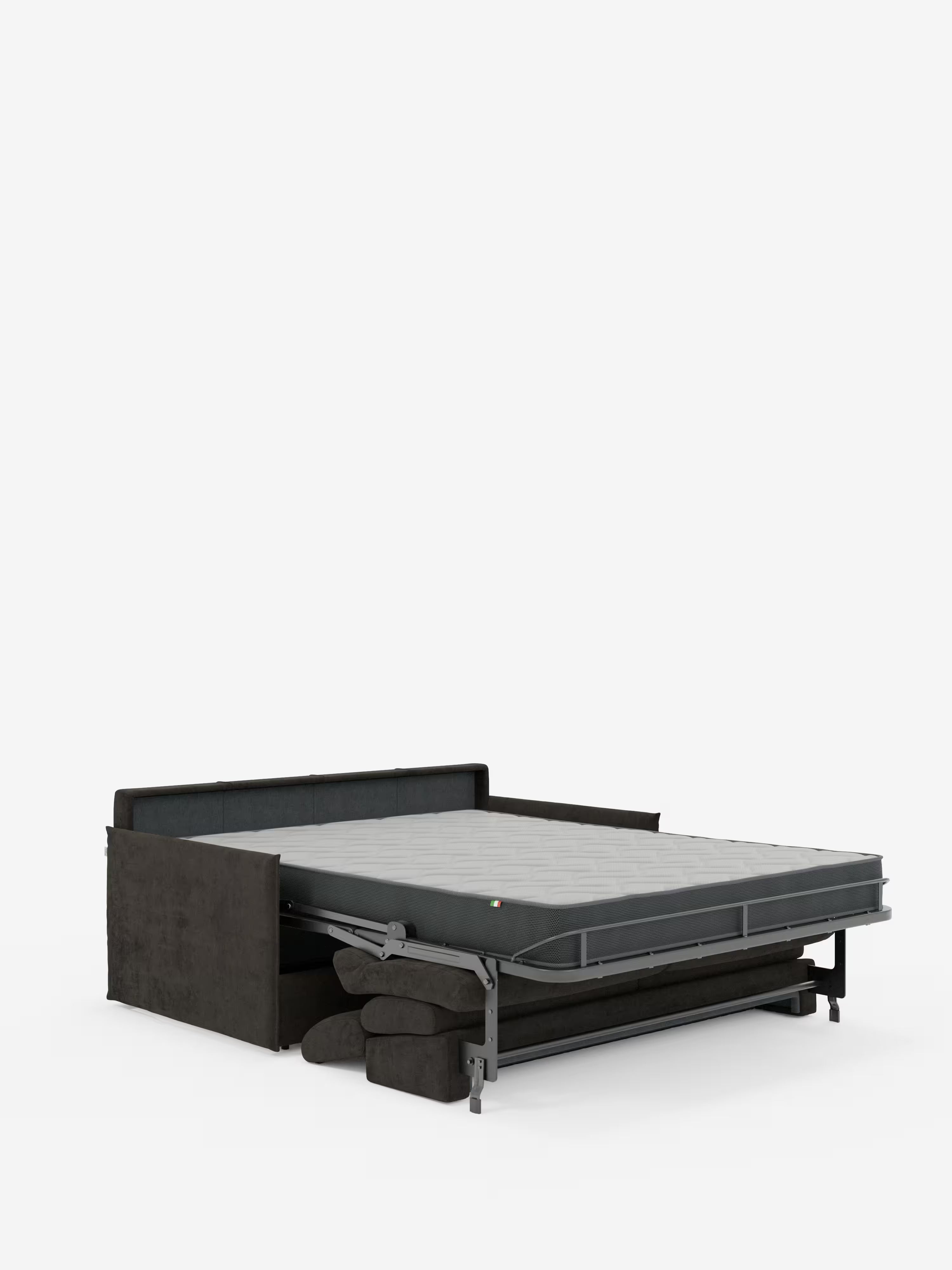 Il divano letto Miryam con poggiatesta reclinabili e comfort maxi di Divani.Store è qui presentato nella sua configurazione da letto, con il materasso ripiegato e i cuscini neri riposti ordinatamente sotto la struttura. Con il suo stile minimalista contemporaneo e il design compatto in morbido tessuto smacchiabile T31, questo moderno divano letto grigio scuro risalta su uno sfondo bianco a tinta unita.