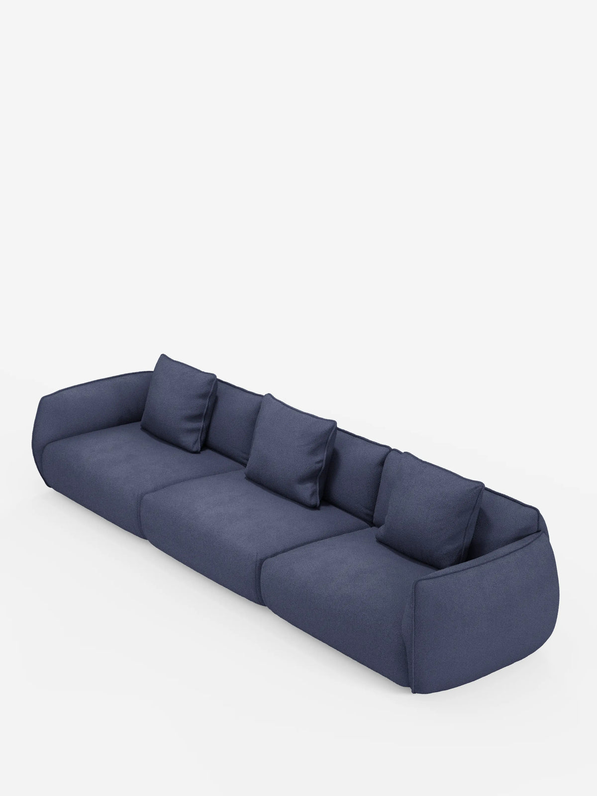 Un divano modulare contemporaneo Nimbus blu navy a 3 posti di Divani.Store, rivestito in morbido tessuto T33 effetto cotone, resistente alle macchie. Questo divano moderno è caratterizzato da cuscini coordinati, un profilo basso, bordi arrotondati e una silhouette minimalista, il tutto su uno sfondo bianco a tinta unita.