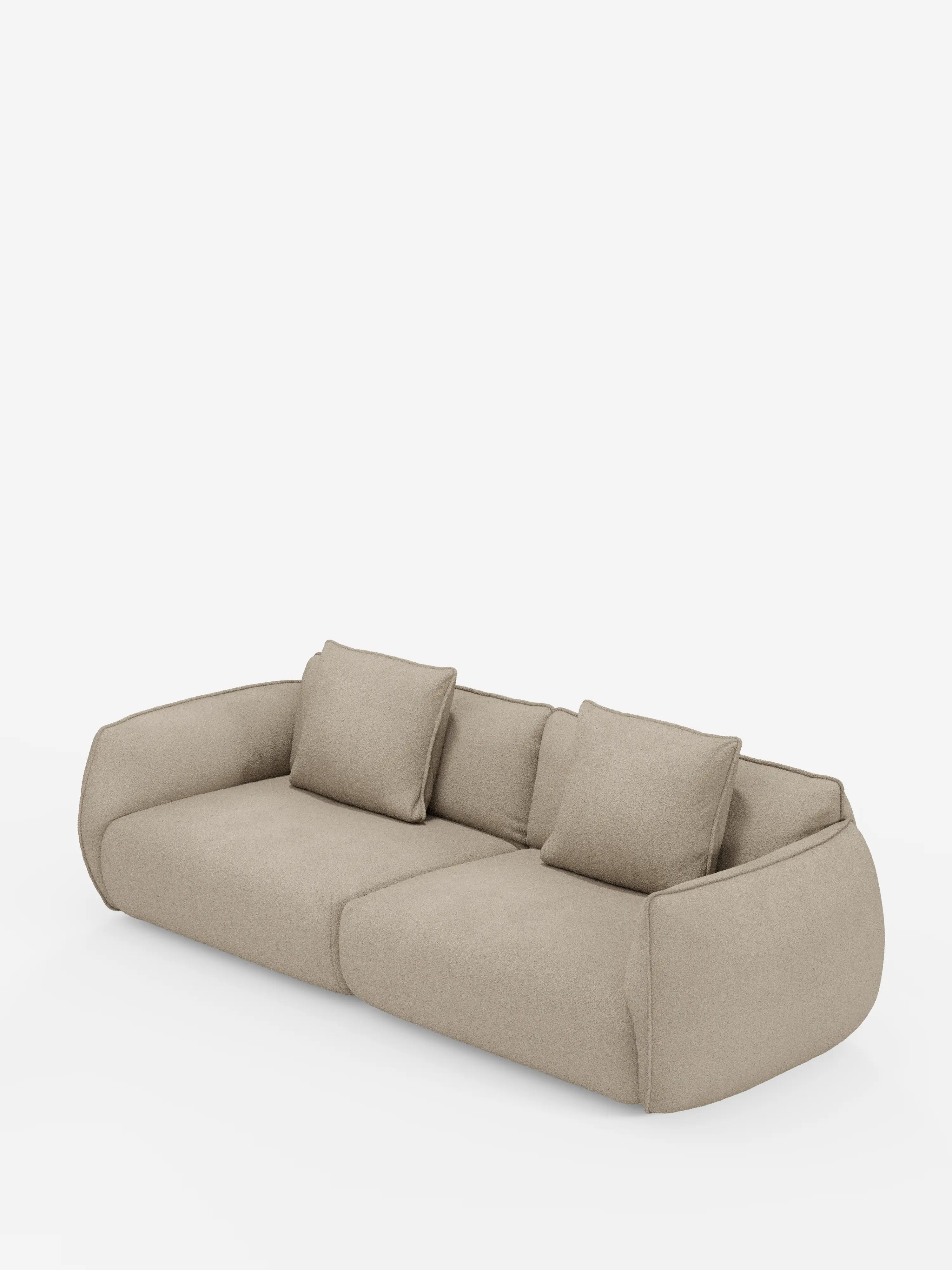Un divano modulare e componibile Nimbus a 3 posti in stile minimalista, color beige, di Divani.Store, lungo 250 cm, caratterizzato da bordi arrotondati e ampi braccioli. Rivestito in tessuto effetto cotone (t33) sfoderabile e antimacchia, comprende due cuscini di seduta e tre cuscini quadrati coordinati per lo schienale. Il divano modulare dal profilo basso presenta un rivestimento liscio e si distingue su uno sfondo bianco a tinta unita.