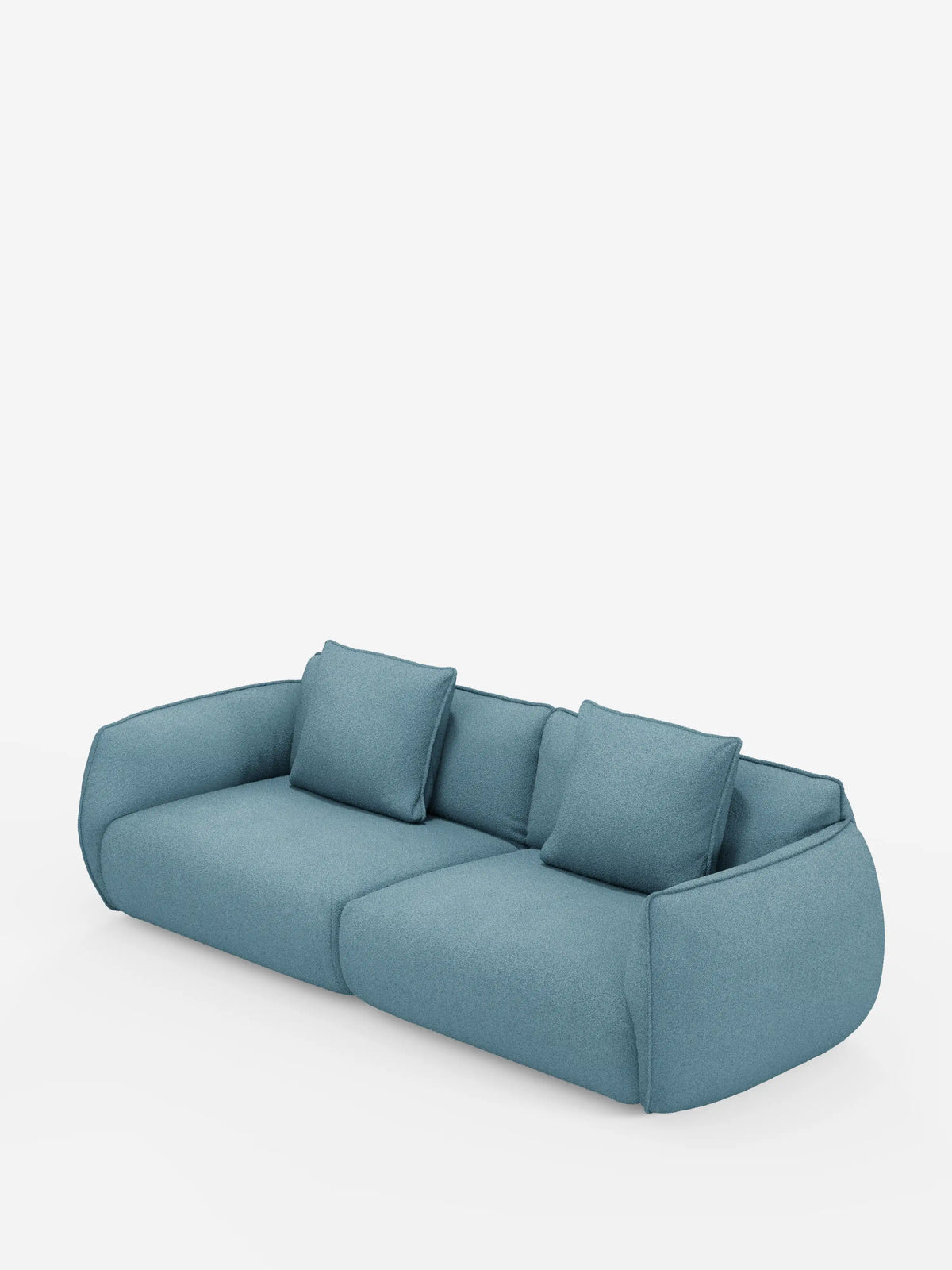 Un divano Nimbus a 3 posti, moderno e minimalista, di colore blu, modulare e componibile da 250 cm di Divani.Store, con cuscini soffici e bordi morbidi e arrotondati, si stacca su uno sfondo bianco. Il divano presenta due sezioni principali di seduta e tre cuscini schienali coordinati sfoderabili, realizzati in tessuto effetto cotone (t33) resistente alle macchie, che conferiscono all’insieme un aspetto accogliente e invitante.