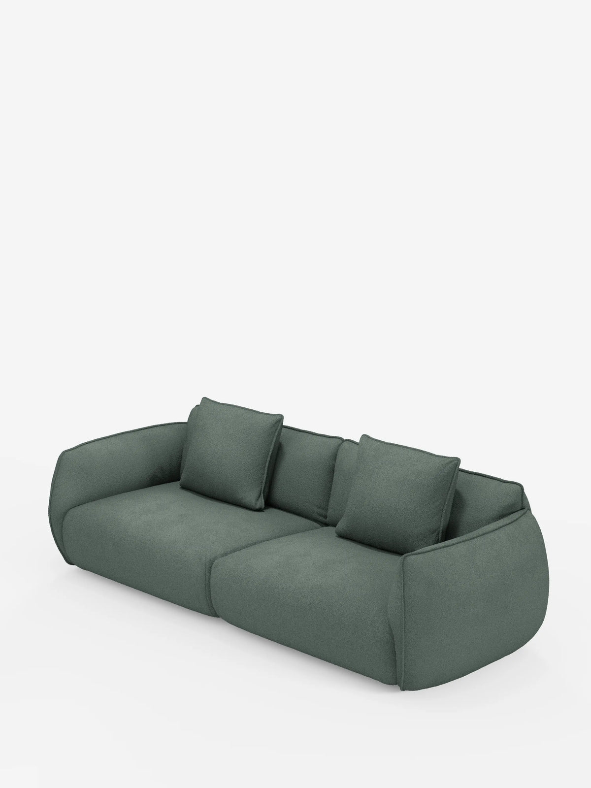 Un divano a 3 posti modulare e componibile Nimbus in verde scuro, 250 cm, di Divani.Store, caratterizzato da un design dal profilo basso con bordi arrotondati e due ampi cuscini di seduta in tessuto effetto cotone (t33), sfoderabile e resistente alle macchie. Quattro cuscini quadrati coordinati sono disposti lungo lo schienale. Lo sfondo bianco a tinta unita esalta l’aspetto elegante del divano.
