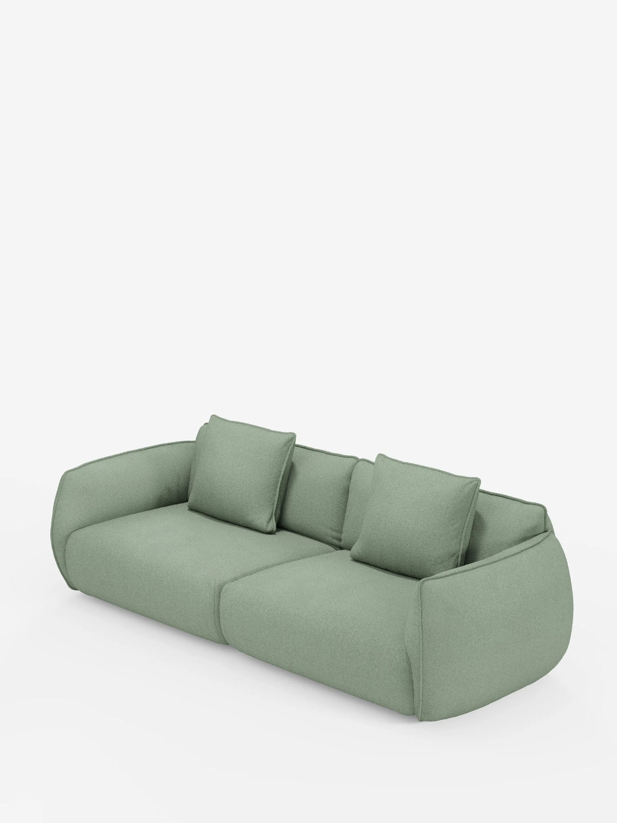 Il divano modulare e componibile Nimbus a 3 posti di Divani.Store è presentato in un tessuto facile da pulire color verde chiaro, effetto cotone (t33). Questo divano moderno misura 250 cm ed è dotato di tre cuscini di seduta e tre cuscini schienale quadrati abbinati. Il design presenta bordi arrotondati e un profilo basso, su uno sfondo bianco a tinta unita senza altri mobili o elementi decorativi visibili.
