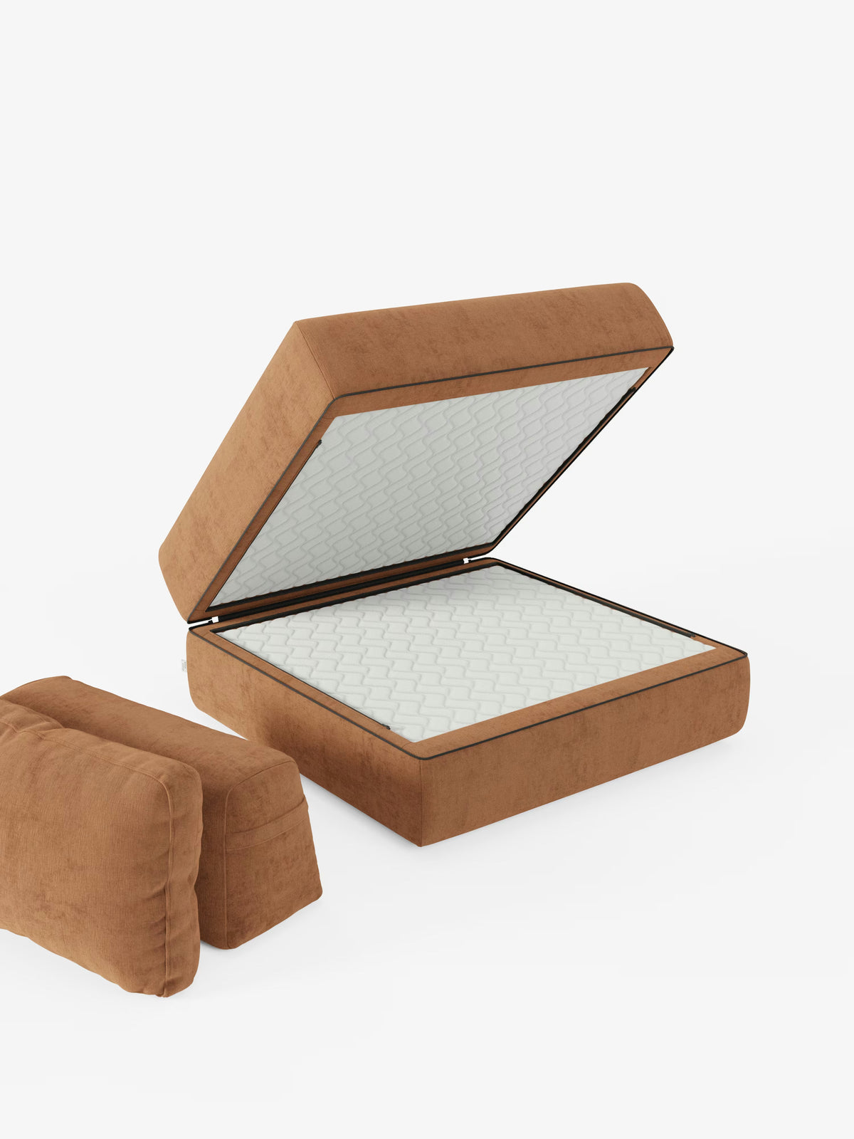 La poltrona letto Rift di Divani.Store si distingue per il suo design minimalista: si tratta di una poltrona letto imbottita di colore marrone, dotata di un rivestimento in tessuto T31 sfoderabile e facile da pulire e di un materasso in memory foam alto 24 cm. Lo schienale regolabile ne esalta il comfort, mentre un cuscino rettangolare abbinato è appoggiato accanto su uno sfondo bianco.