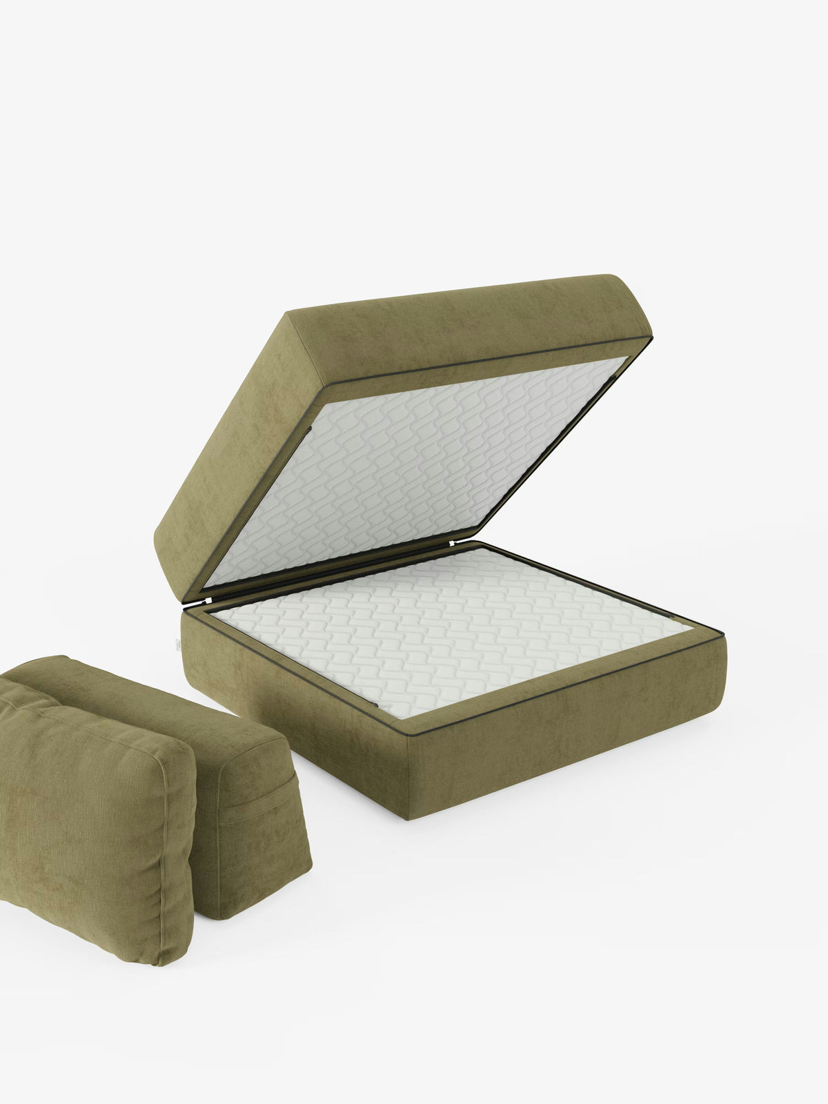 La poltrona letto Rift di Divani.Store, dotata di un materasso in memory foam alto 24 cm e di uno schienale reclinabile, è qui raffigurata in tessuto T31 verde antimacchia con il coperchio aperto a rivelare un interno bianco trapuntato. Due cuscini abbinati e rimovibili sono disposti accanto al letto su uno sfondo bianco. Questo design moderno e semplice offre una soluzione trasformabile che coniuga perfettamente stile e funzionalità.