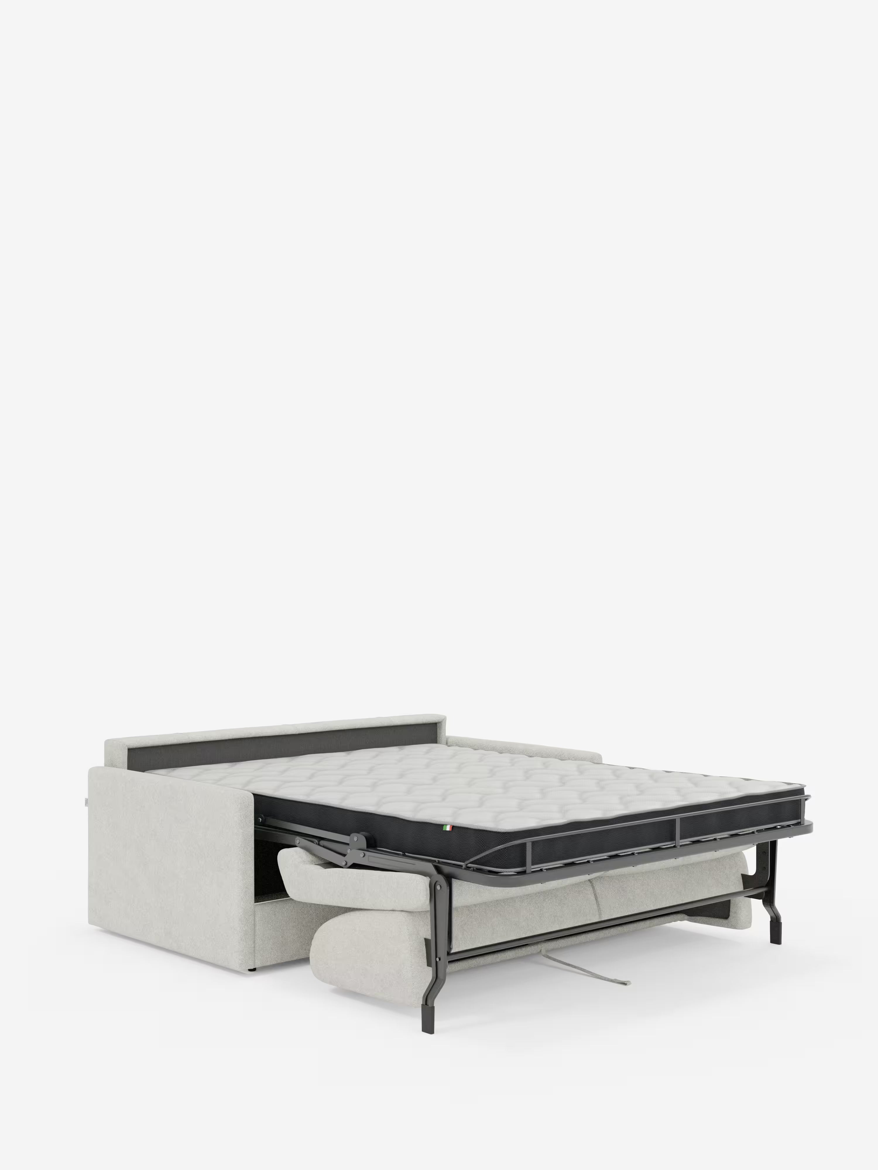Viene mostrato un divano letto Tommy Divano a 2 e 3 posti matrimoniale di colore grigio chiaro, disponibile su Divani.Store, con il materasso esteso verso l’esterno per dormire. La struttura e le gambe sotto il materasso sono visibili, mentre un cuscino del divano è appoggiato sotto il letto aperto. Su uno sfondo bianco a tinta unita, l’immagine mette in risalto il design elegante e versatile di questo divano letto sfoderabile al 100%, realizzato in tessuto T33 simil cotone resistente alle macchie.