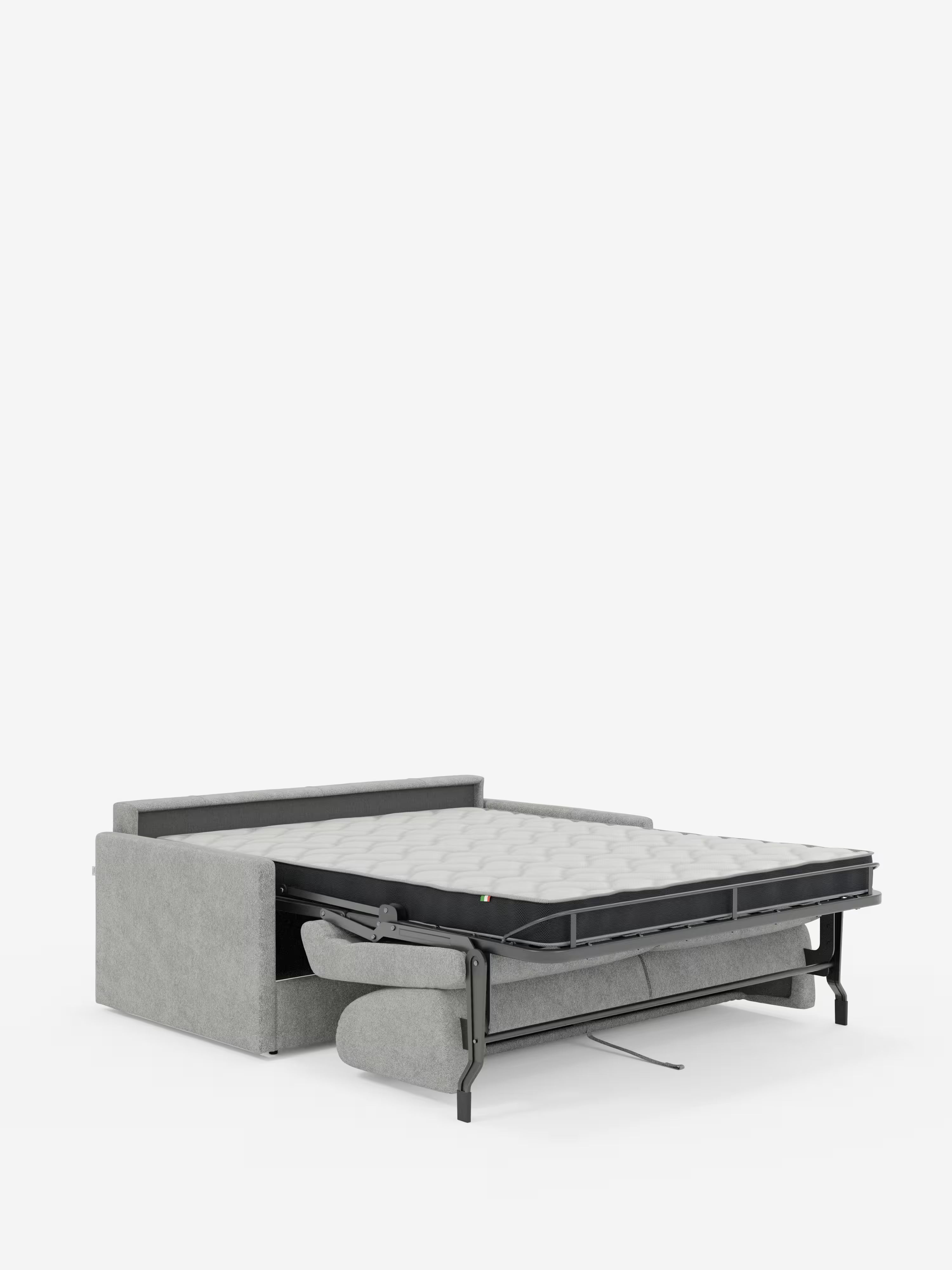 Il divano letto Tommy a 2 e 3 posti matrimoniale di Divani.Store, in grigio chiaro, rivestito in tessuto simile al cotone (T33) rimovibile al 100% e resistente alle macchie, è raffigurato con il materasso esteso e sostenuto da gambe in metallo nero. Lo schienale e i braccioli di forma squadrata, insieme alla struttura portante parzialmente visibile, mettono in risalto questo divano letto compatto su uno sfondo bianco a tinta unita.