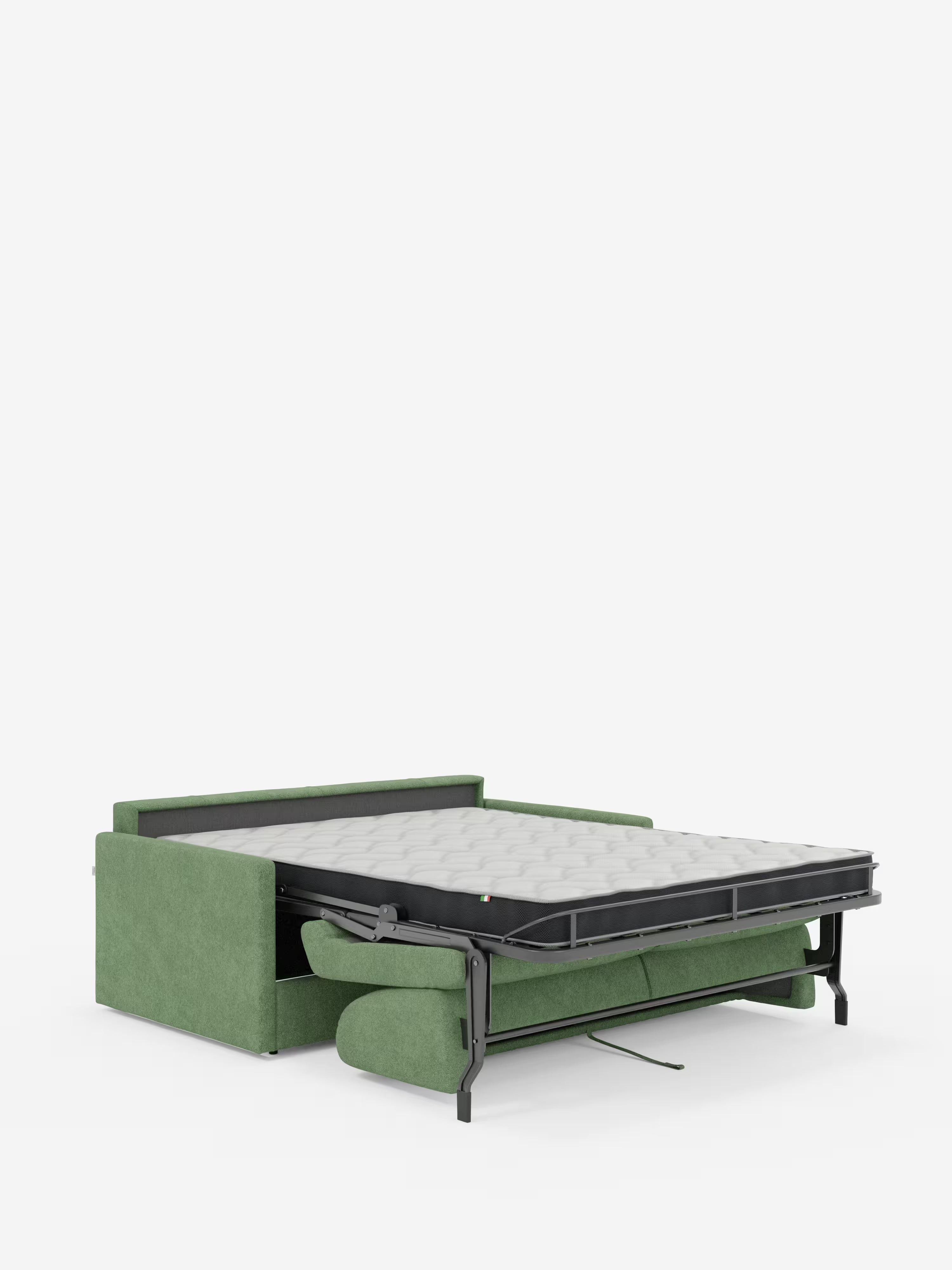 Il divano letto Tommy Divano a 2 e 3 posti matrimoniale di Divani.Store è raffigurato in verde con la parte letto estesa. Il rivestimento in tessuto T33 simile al cotone, rimovibile al 100% e resistente alle macchie, è completato da braccioli sottili che conferiscono al divano un aspetto slanciato. I cuscini della seduta possono essere rimossi e riposti comodamente sotto la struttura in metallo, che sostiene un materasso trapuntato bianco. Lo sfondo è bianco a tinta unita.