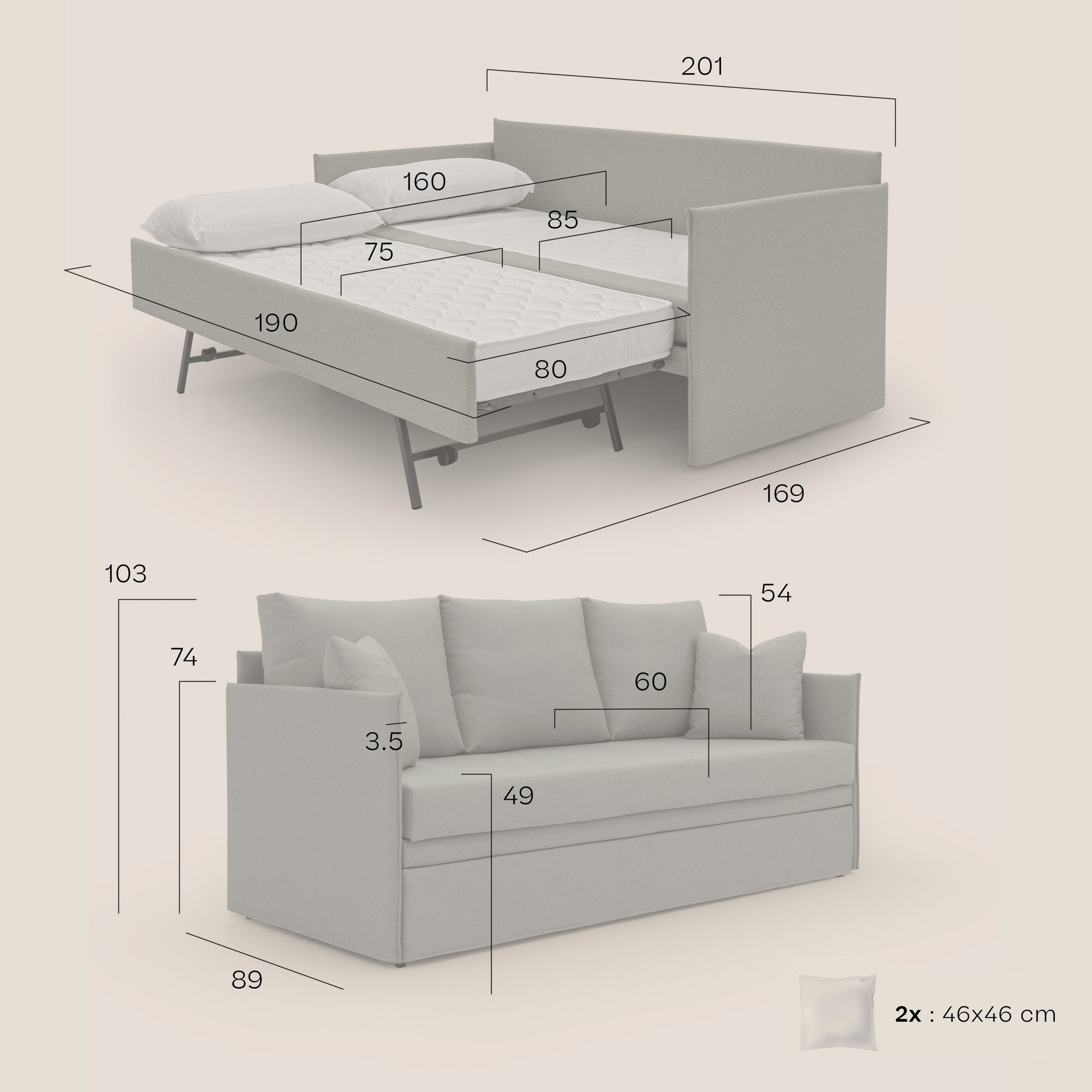 Brera Duplex Sofa mit Doppelbett aus wasserfestem Baumwollartigem Stoff T13