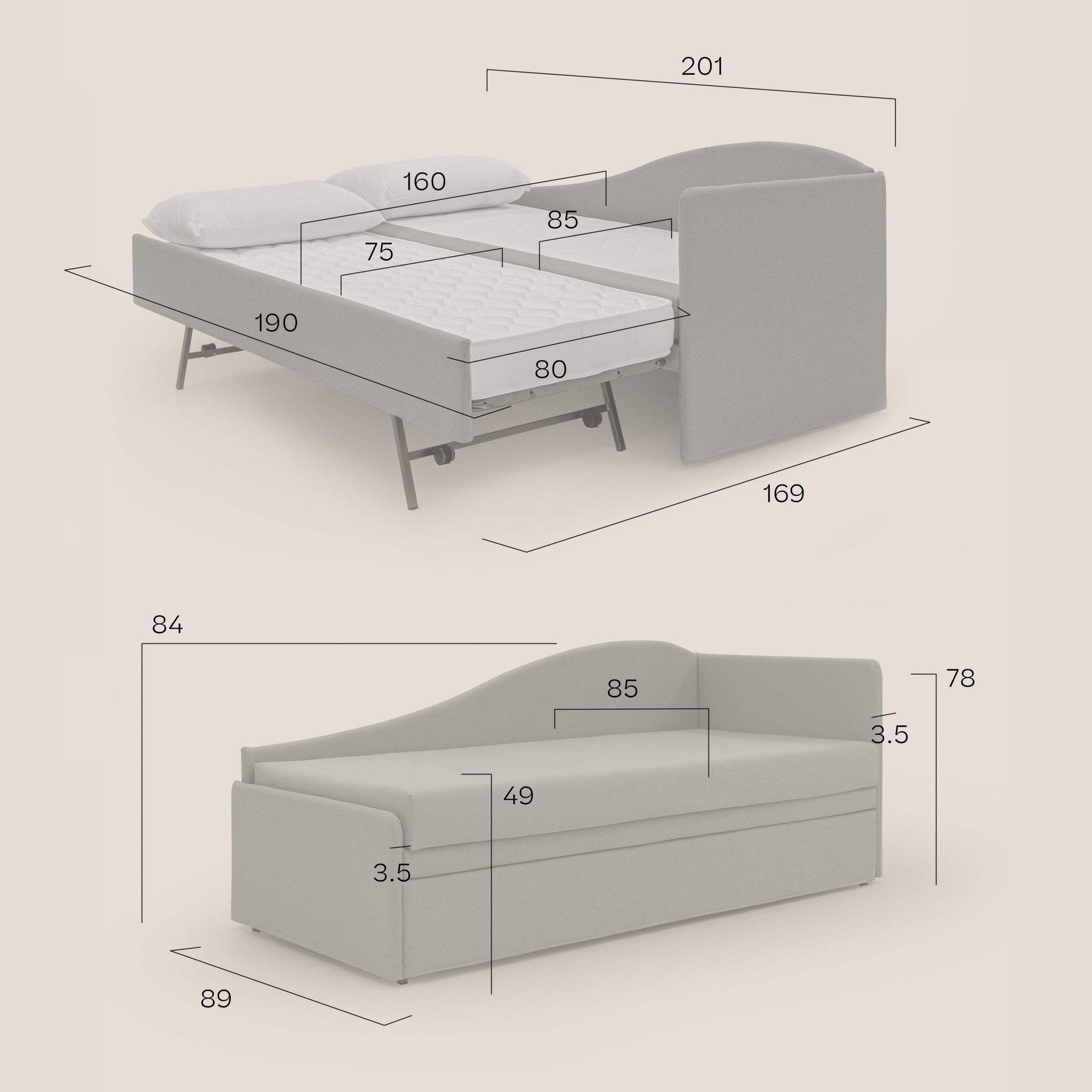 Nolo Duplex Sofa mit Doppelbett aus wasserfestem Baumwollartigem Stoff T13