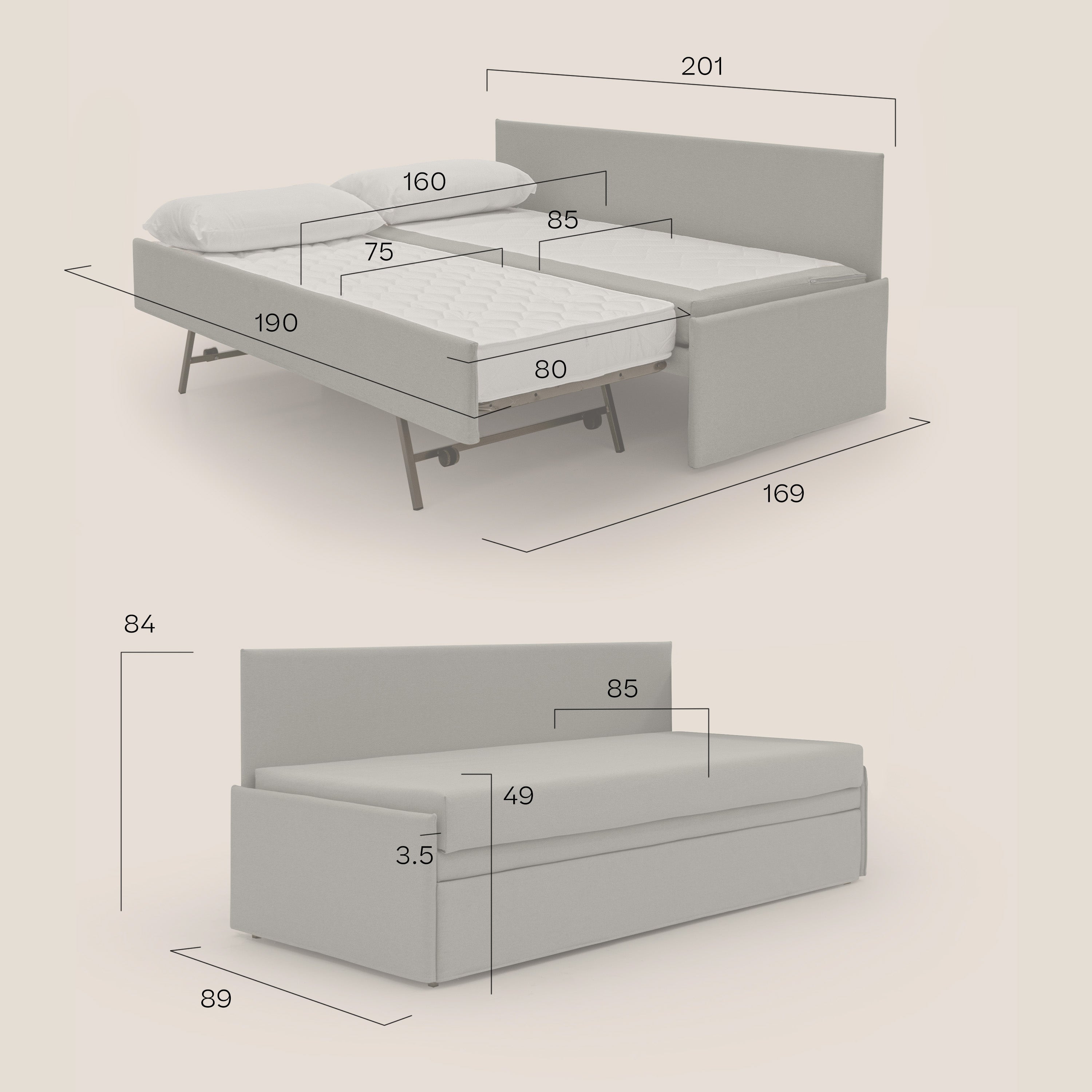 Naviglio Divano duplex con doppio letto in tessuto simil cotone impermeabile T13 beige - divani.store
