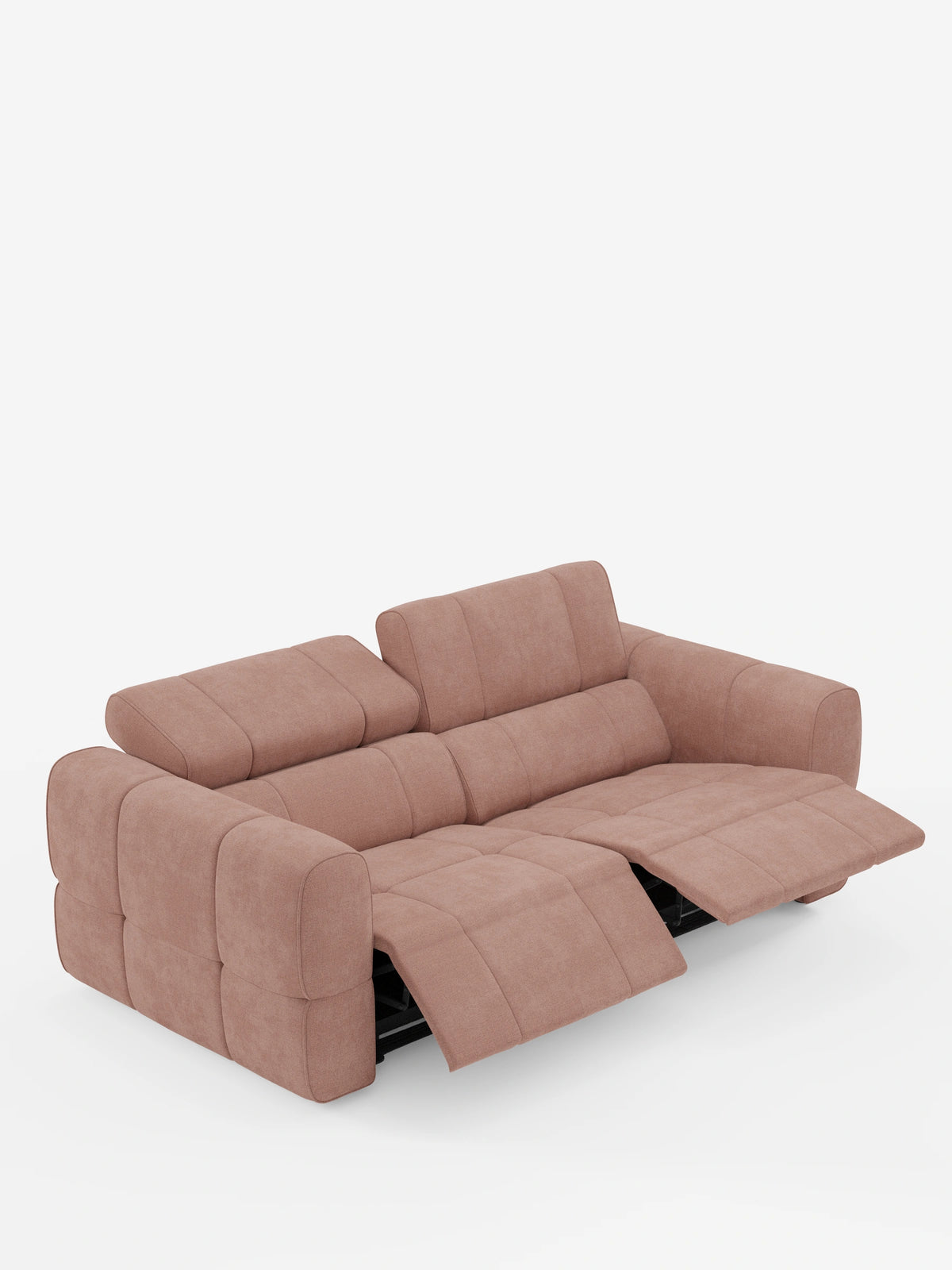 Un divano modulare Giotto a 3 posti color rosa antico, dal design contemporaneo, caratterizzato da dettagli trapuntati, un poggiatesta verticale, un poggiatesta ribaltabile e due poggiapiedi allungabili elettricamente, su sfondo bianco.