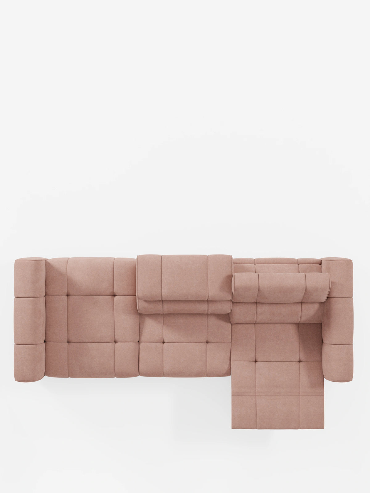 Vista dall'alto di un divano componibile Giotto color rosa polveroso con terminale aperto - opzione relax elettrico in tessuto smacchiabile T23, caratterizzato da un motivo a griglia trapuntato, una chaise longue sul lato destro e poggiatesta regolabili.