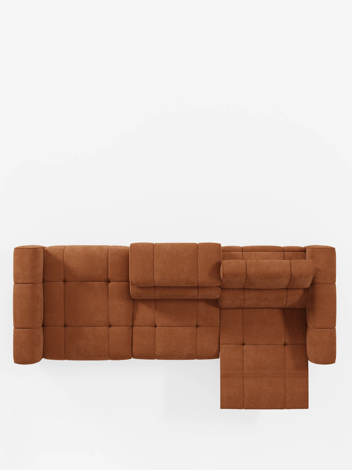 Vista dall'alto di un divano componibile Giotto color ruggine con terminale aperto - opzione relax elettrico in tessuto smacchiabile T23 su sfondo bianco, caratterizzato da rivestimento a motivo a griglia, terminale a chaise longue e poggiatesta regolabile.